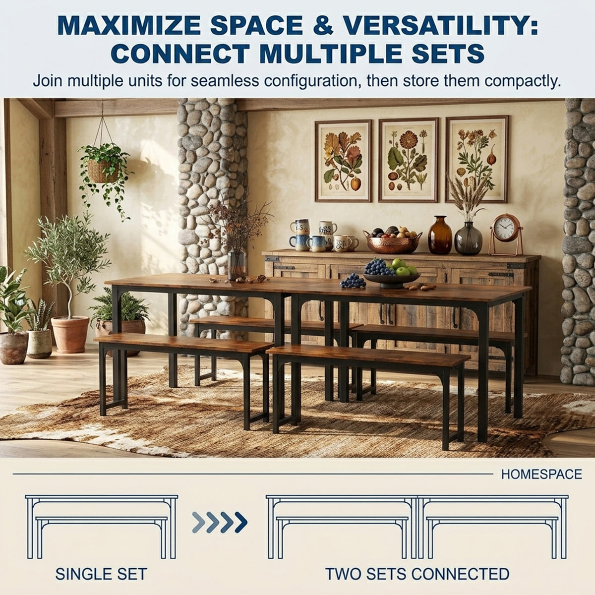 Space Saving Dining Table Set for 4 with 2 Benches Kitchen Furniture