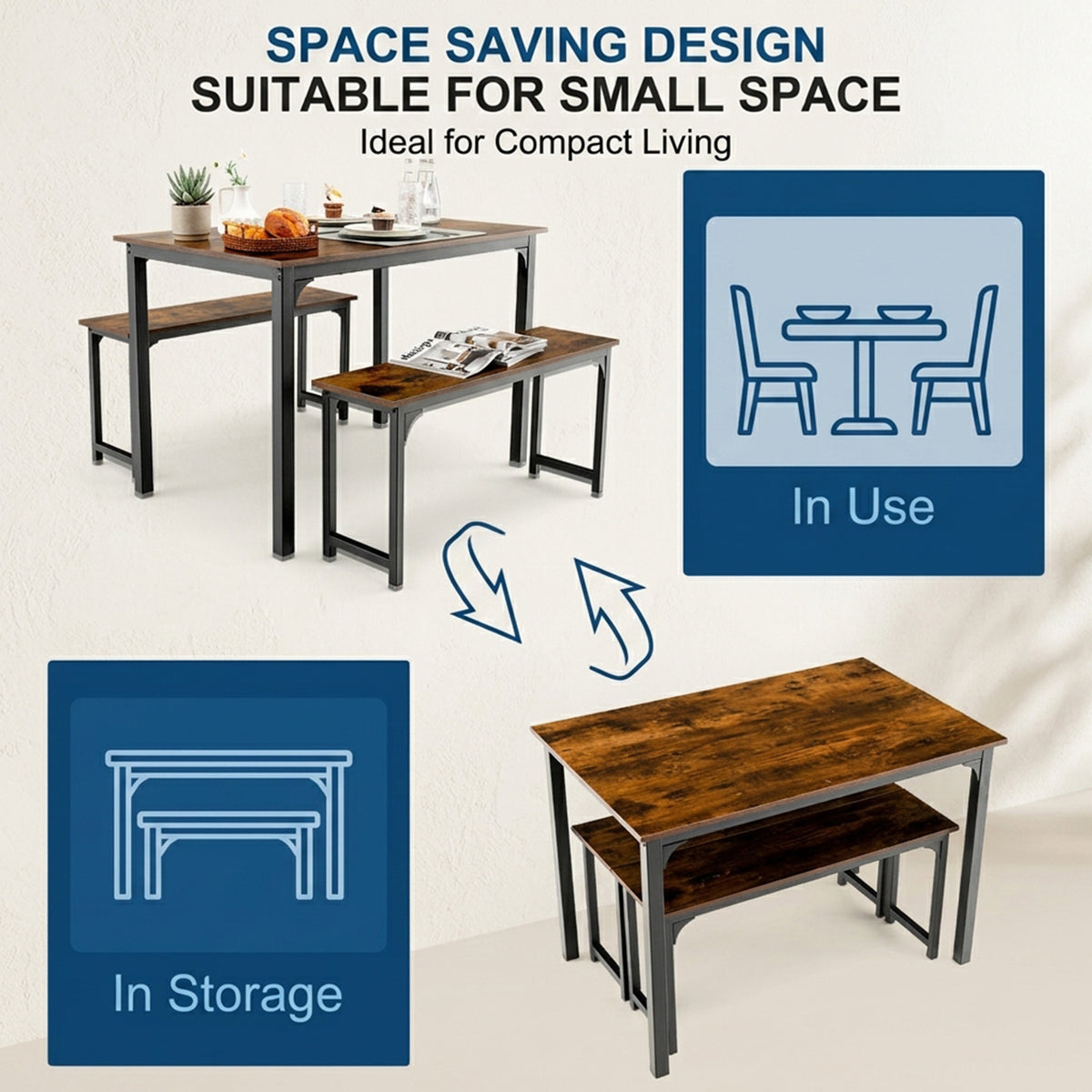 Space Saving Dining Table Set for 4 with 2 Benches Kitchen Furniture