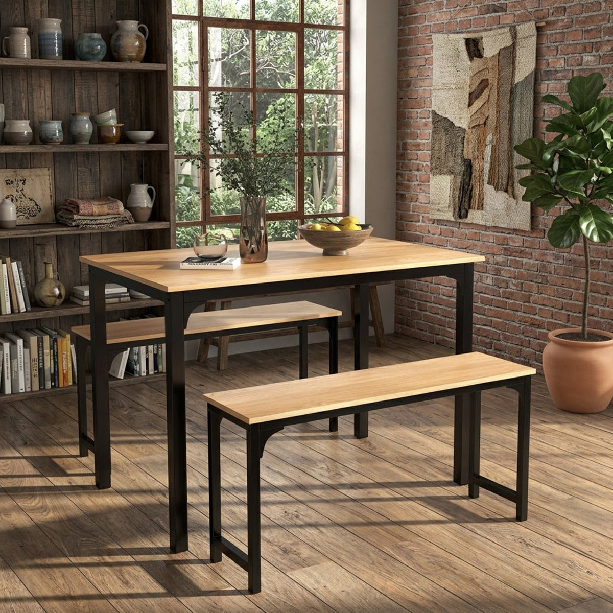 3 Piece Dining Table Set with 2 Benches Space Saving Kitchen Table