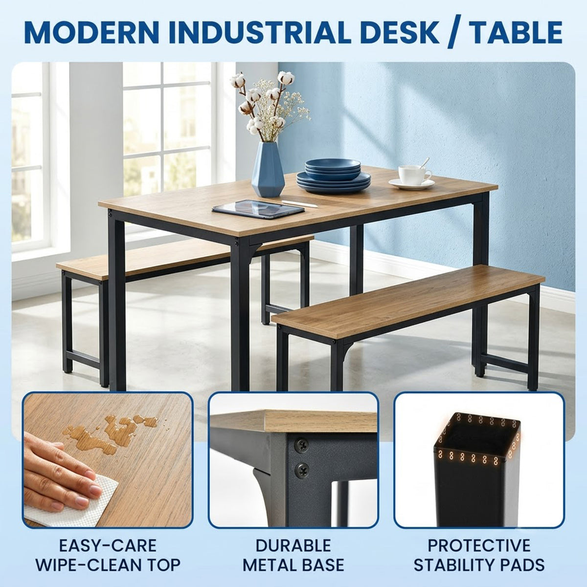 3 Piece Dining Table Set with 2 Benches Space Saving Kitchen Table