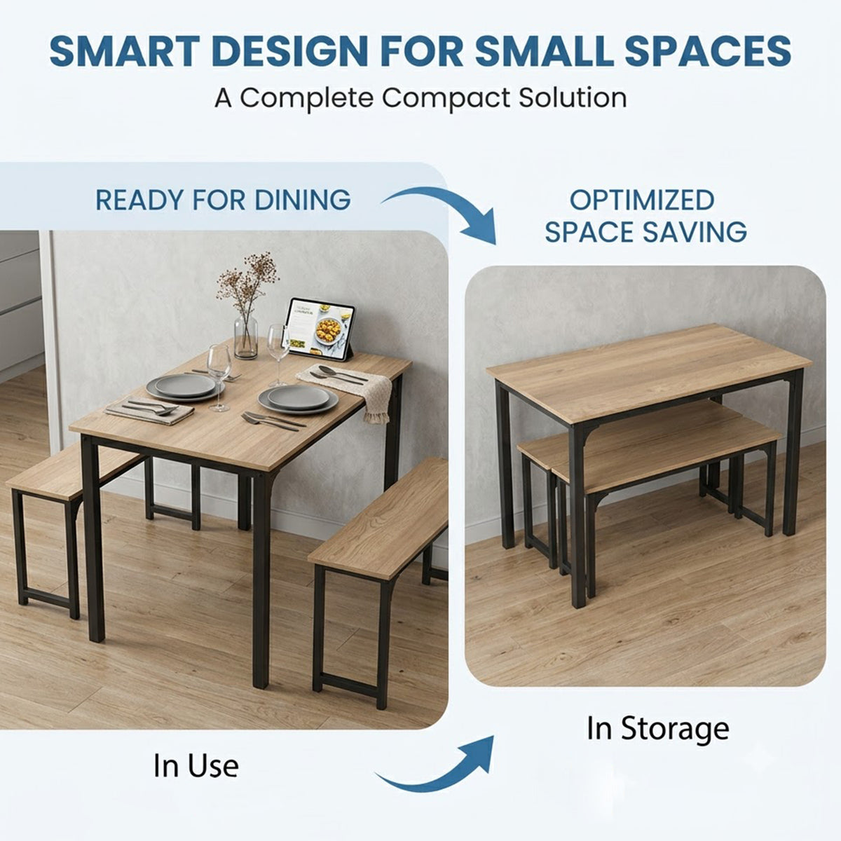 3 Piece Dining Table Set with 2 Benches Space Saving Kitchen Table