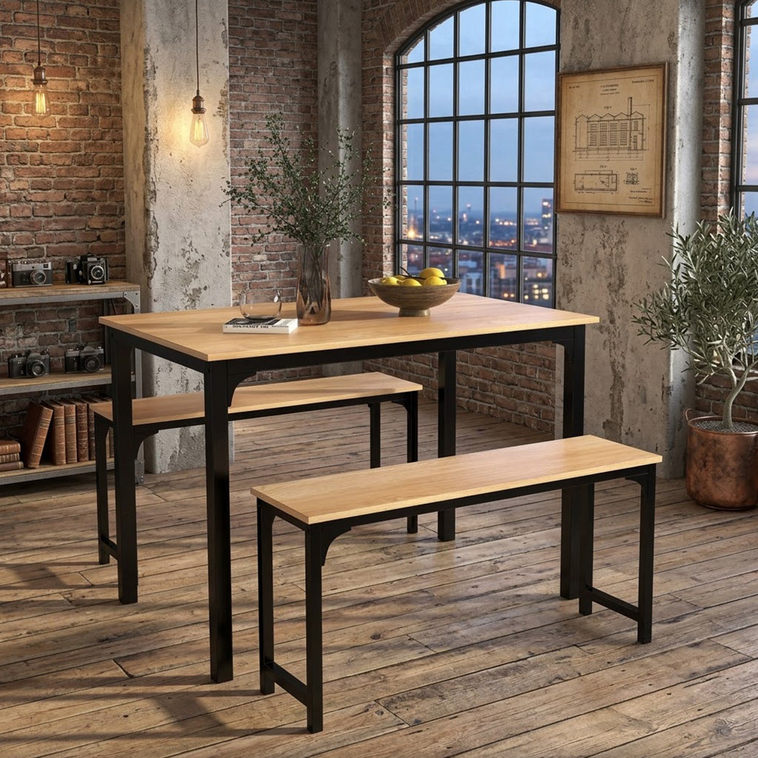 3 Piece Dining Table Set with 2 Benches Space Saving Kitchen Table