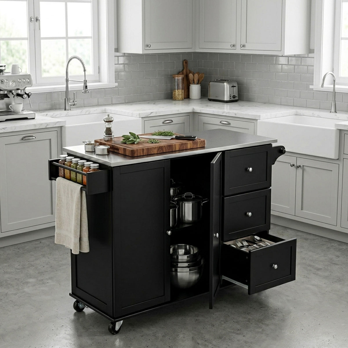 Kitchen Island Cart with Stainless Steel Countertop and 3 Drawers Storage