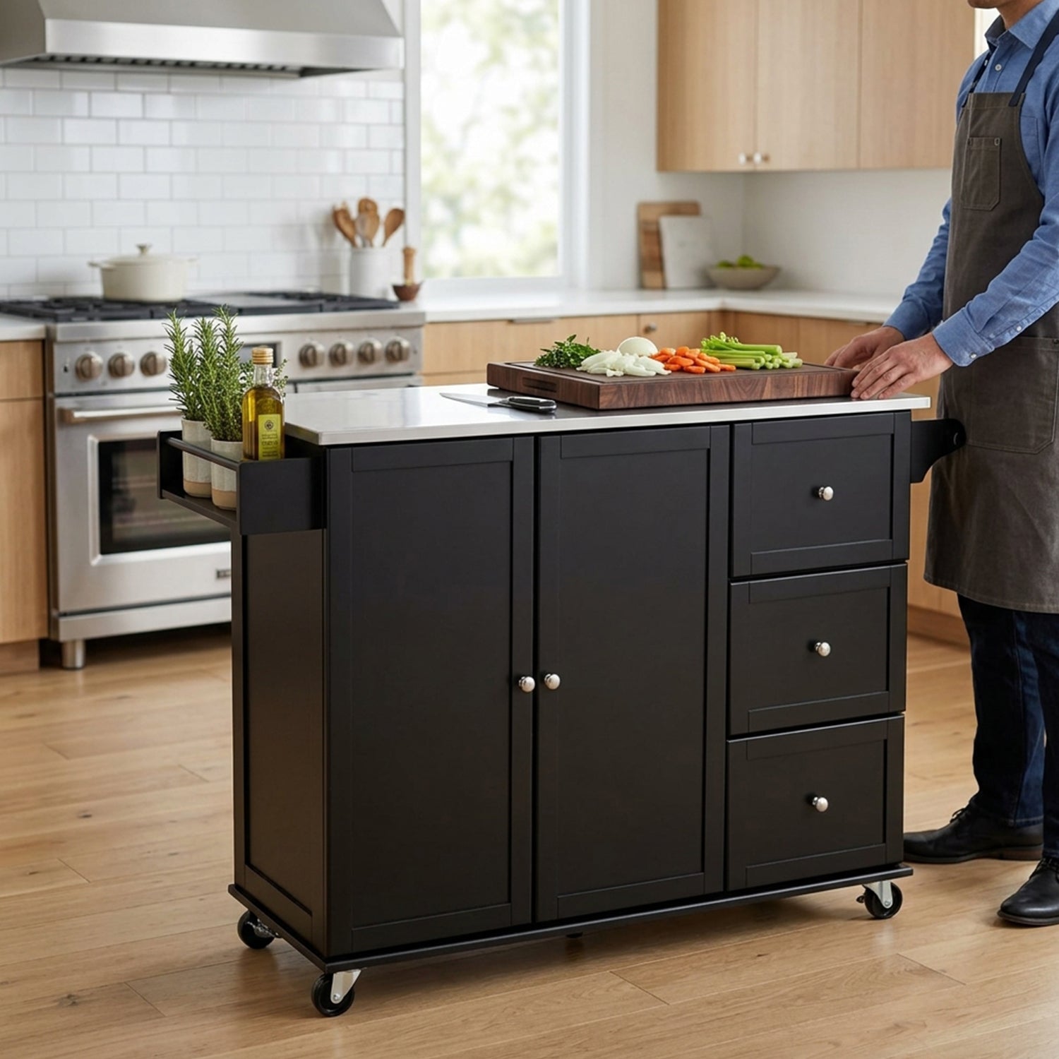 Kitchen Island Cart with Stainless Steel Countertop and 3 Drawers Storage