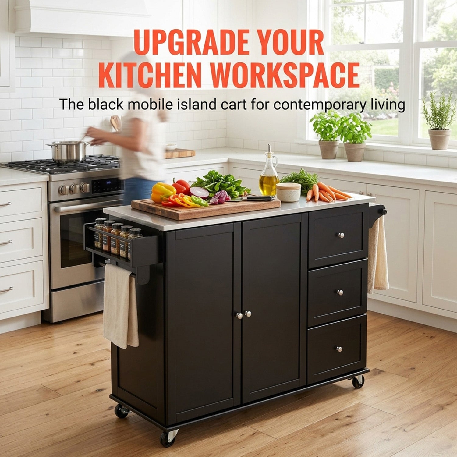 Kitchen Island Cart with Stainless Steel Countertop and 3 Drawers Storage