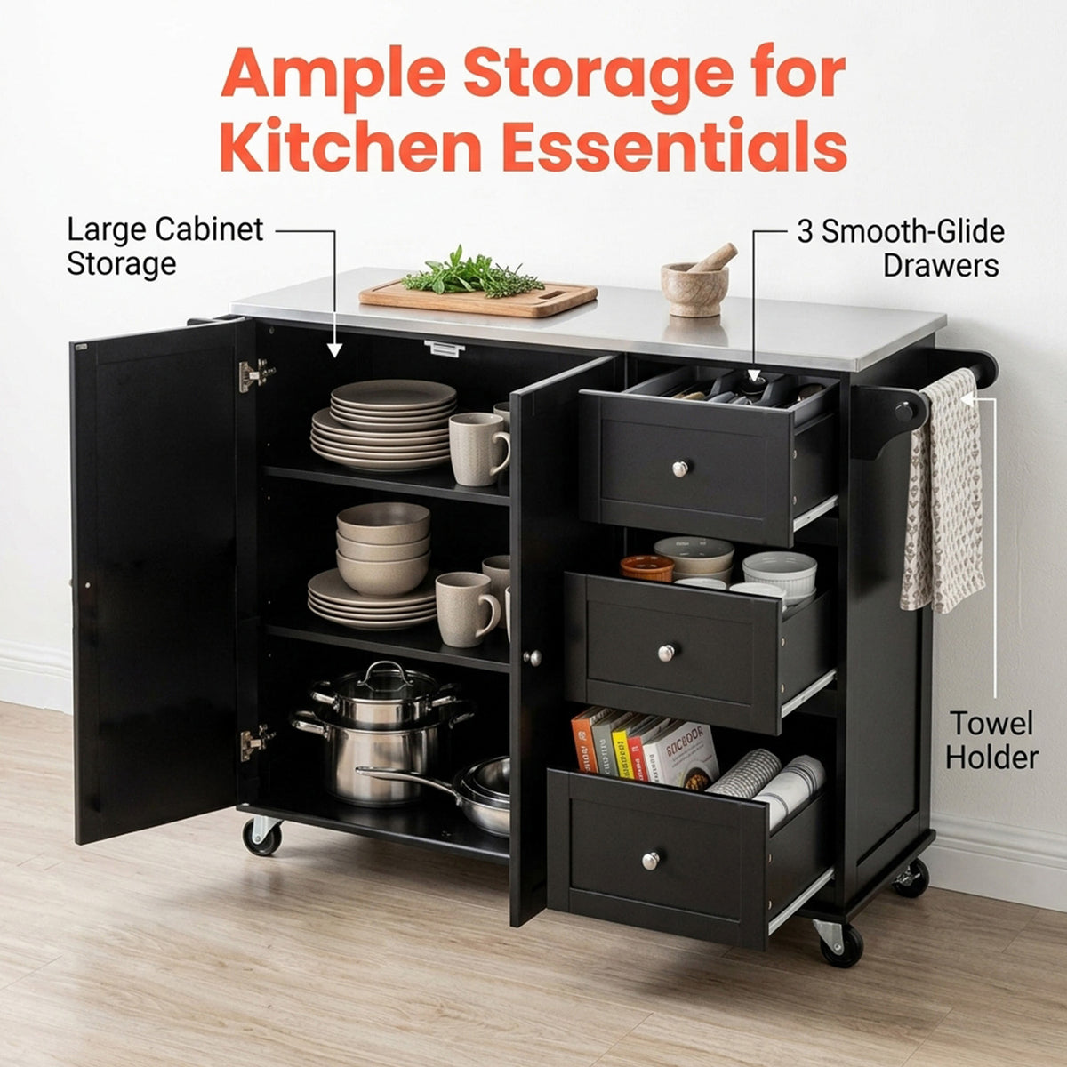 Kitchen Island Cart with Stainless Steel Countertop and 3 Drawers Storage