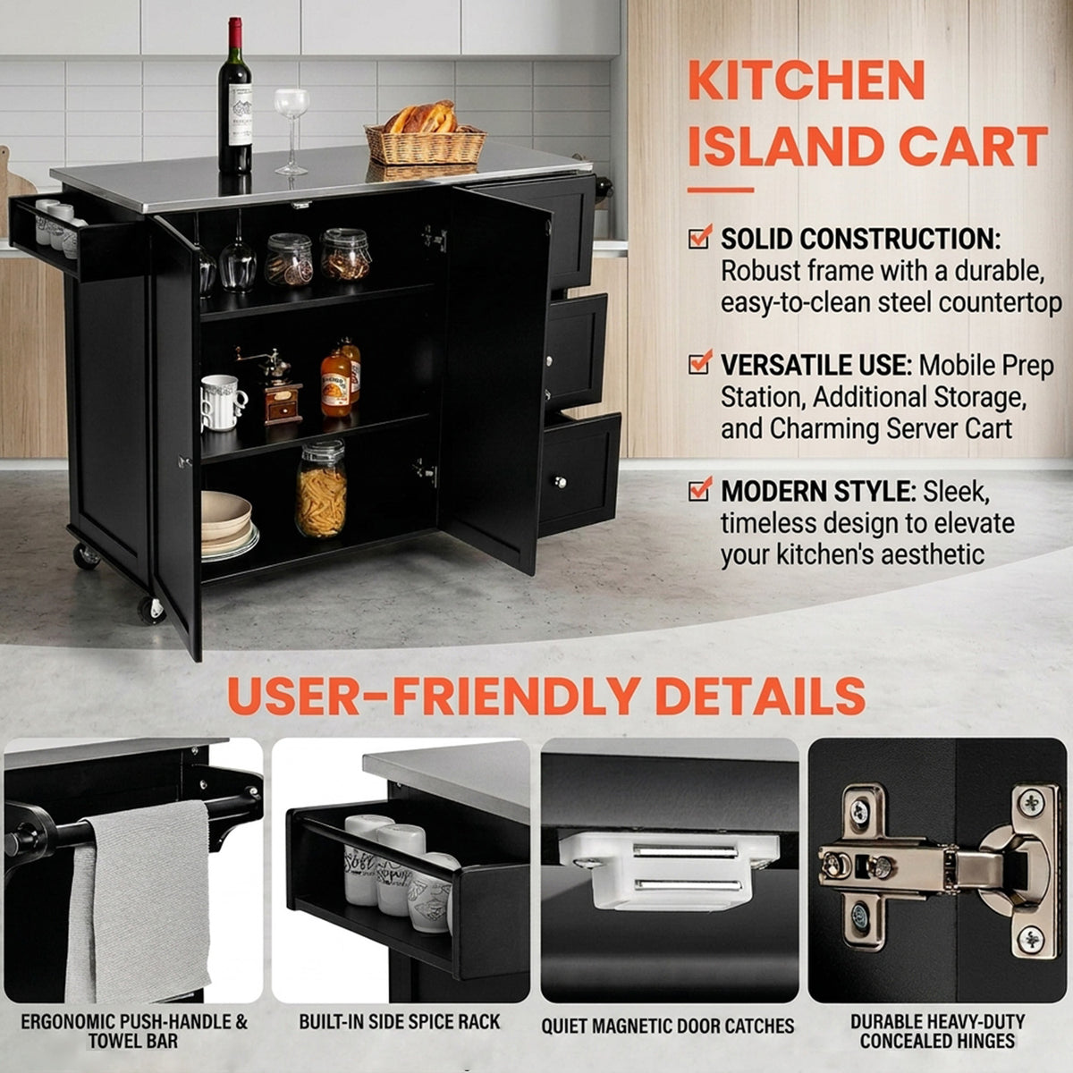 Kitchen Island Cart with Stainless Steel Countertop and 3 Drawers Storage