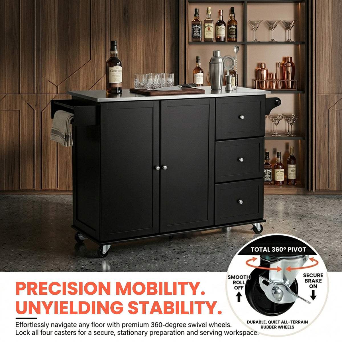 Kitchen Island Cart with Stainless Steel Countertop and 3 Drawers Storage