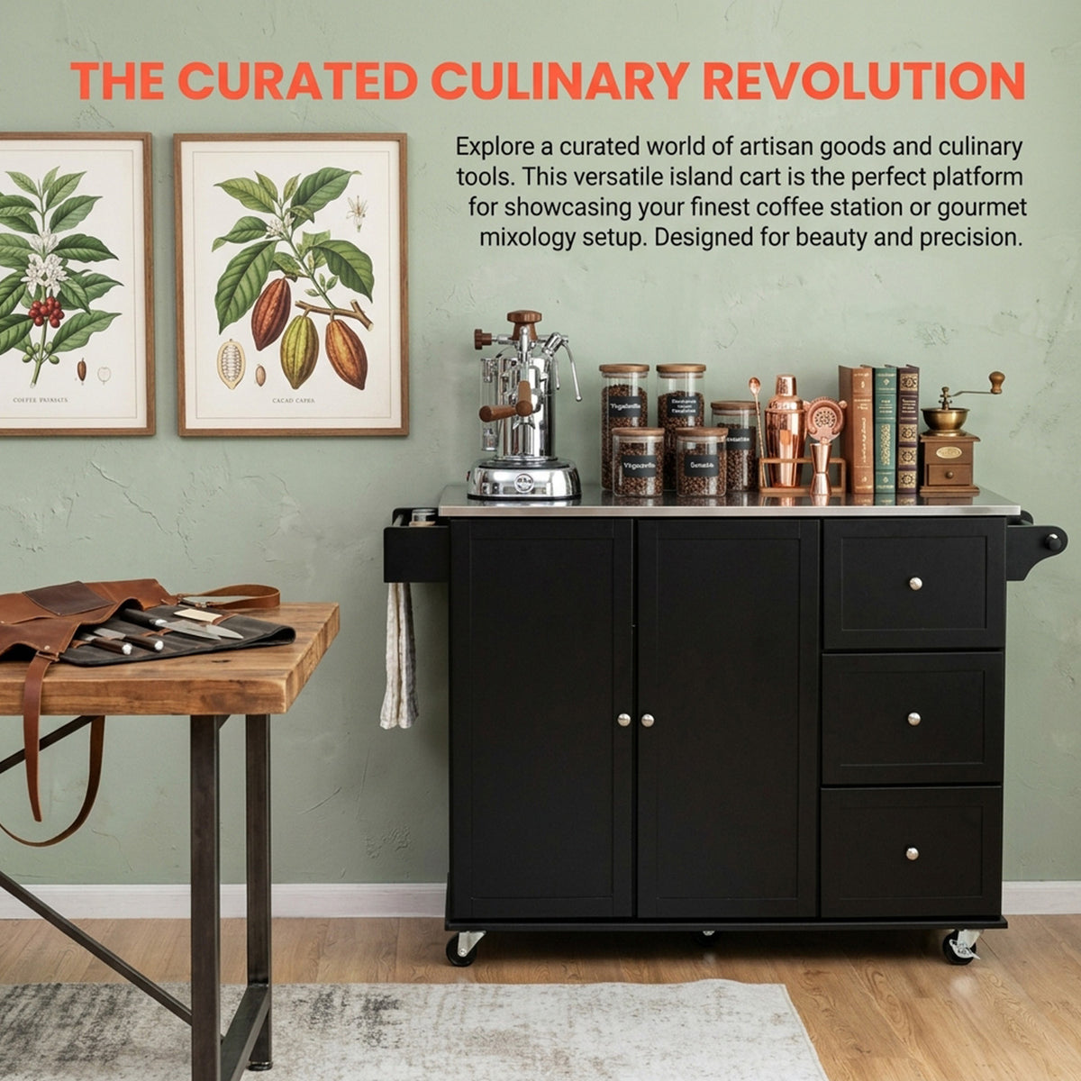 Kitchen Island Cart with Stainless Steel Countertop and 3 Drawers Storage