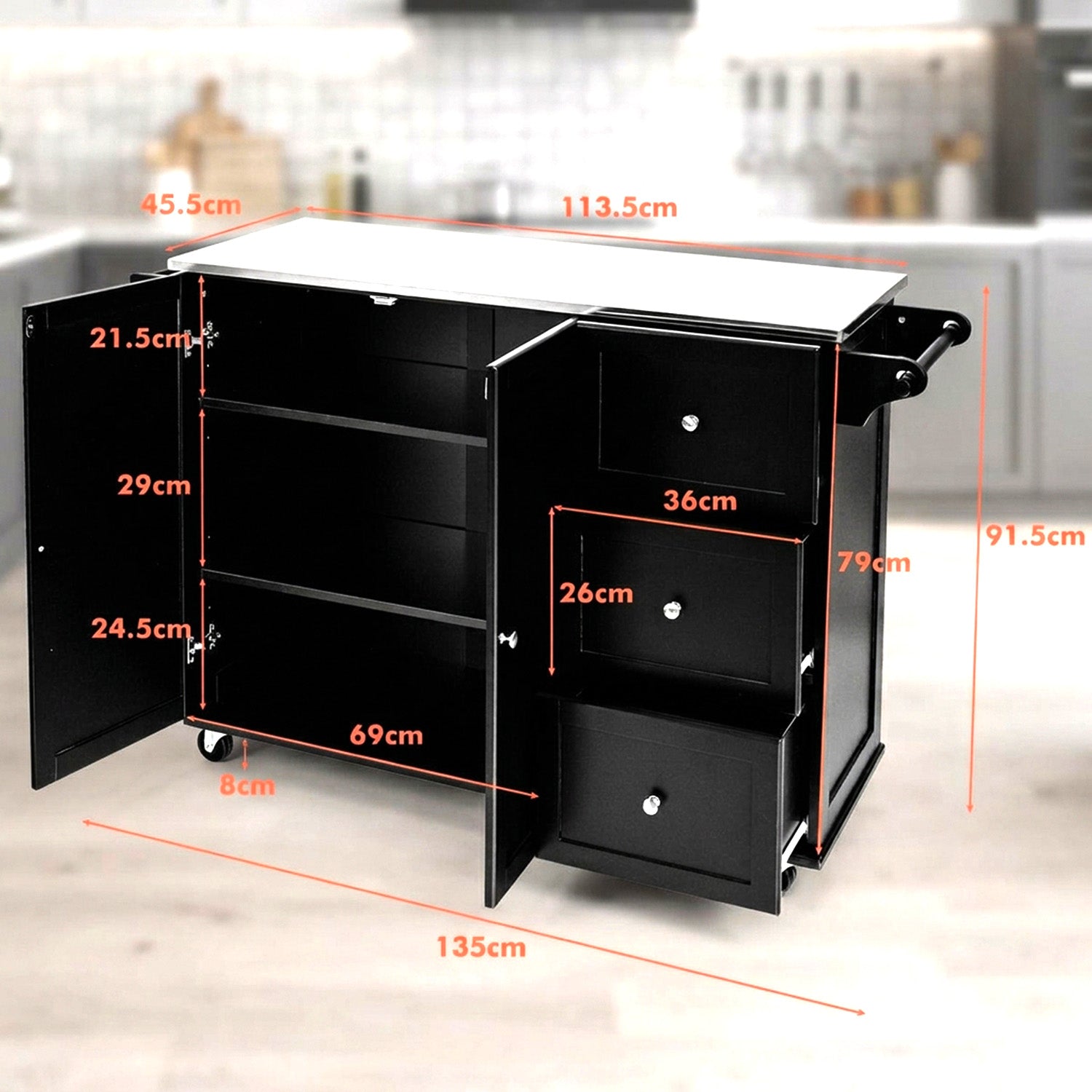Kitchen Island Cart with Stainless Steel Countertop and 3 Drawers Storage