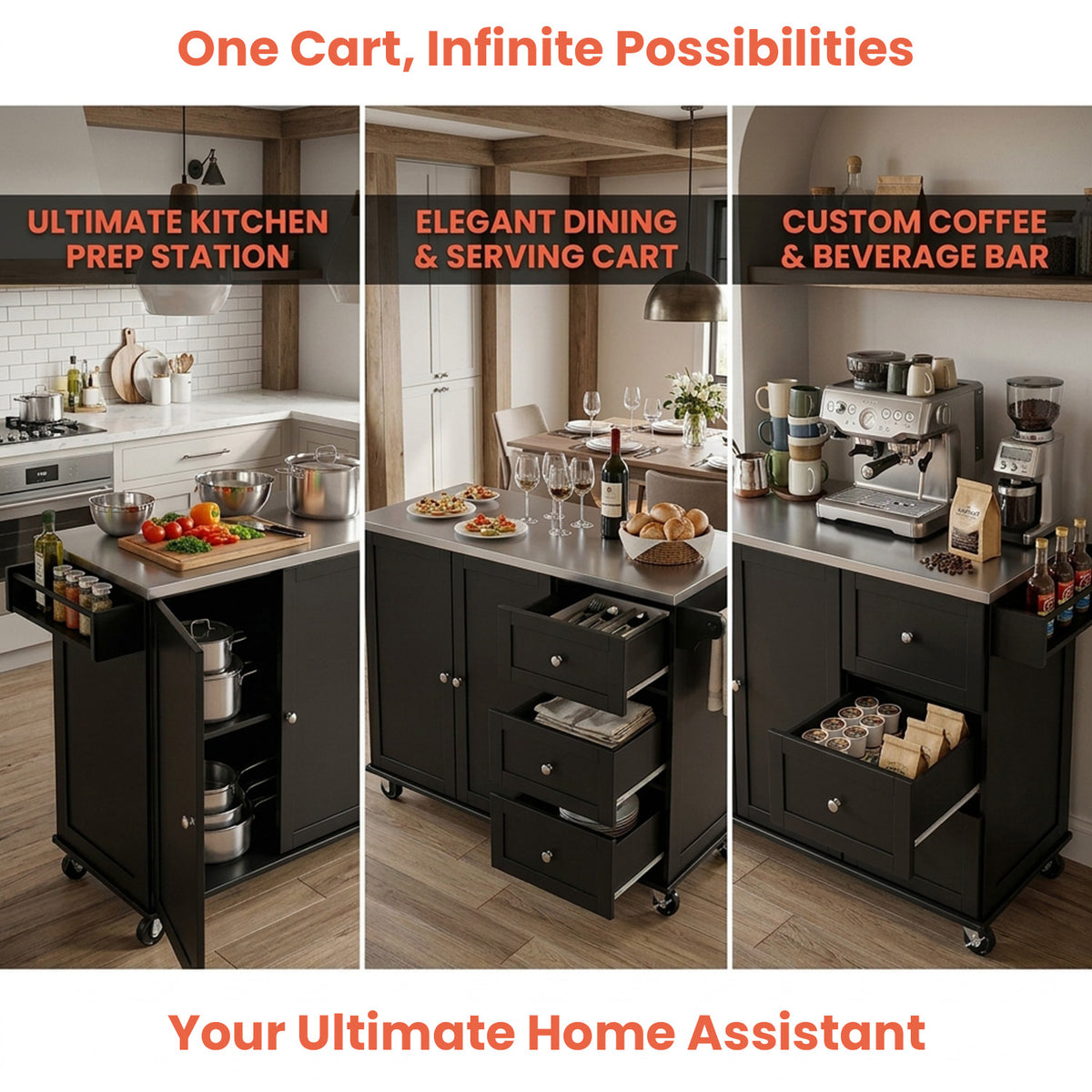 Kitchen Island Cart with Stainless Steel Countertop and 3 Drawers Storage