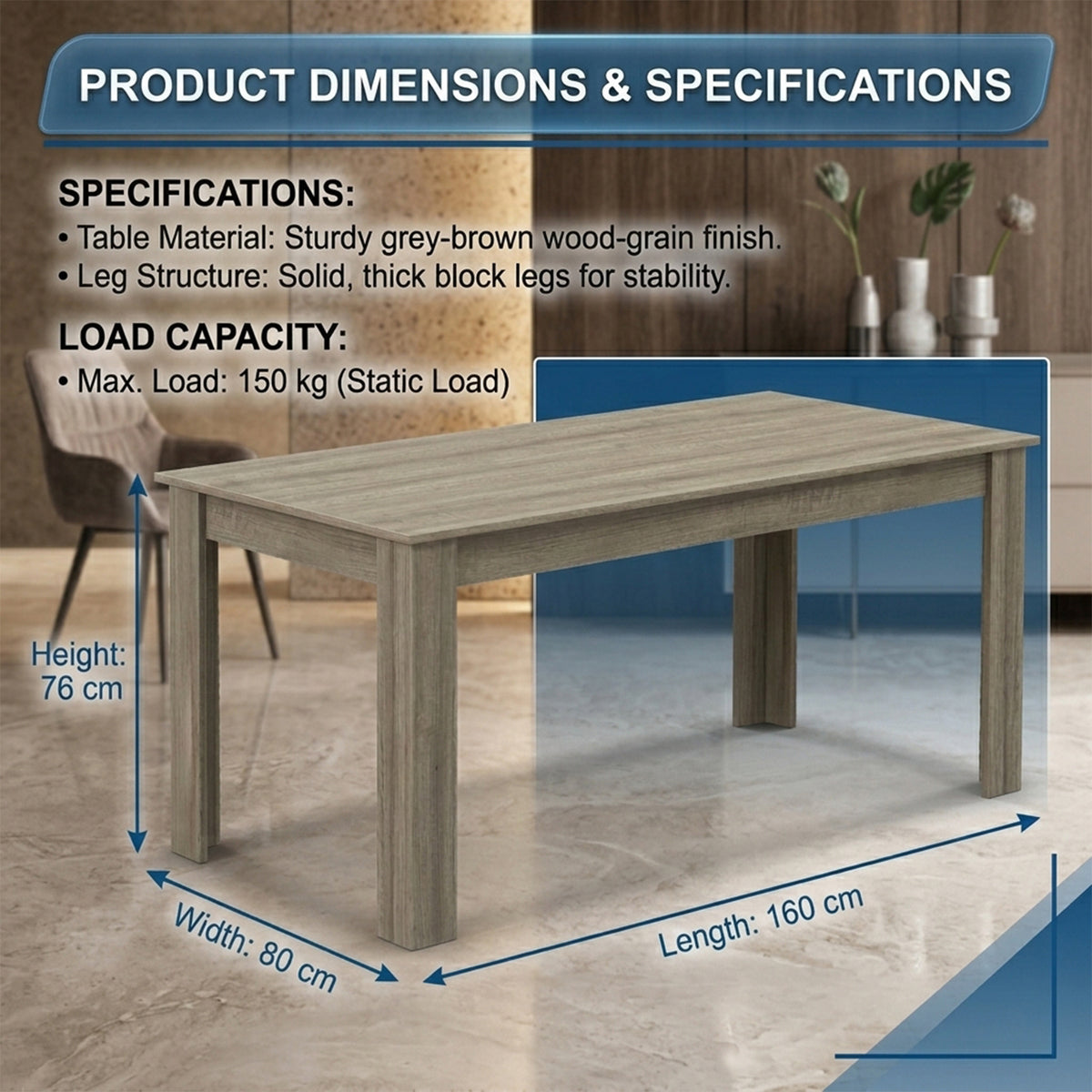 160cm Modern Dining Table with Sturdy L Shaped Legs Furniture Home