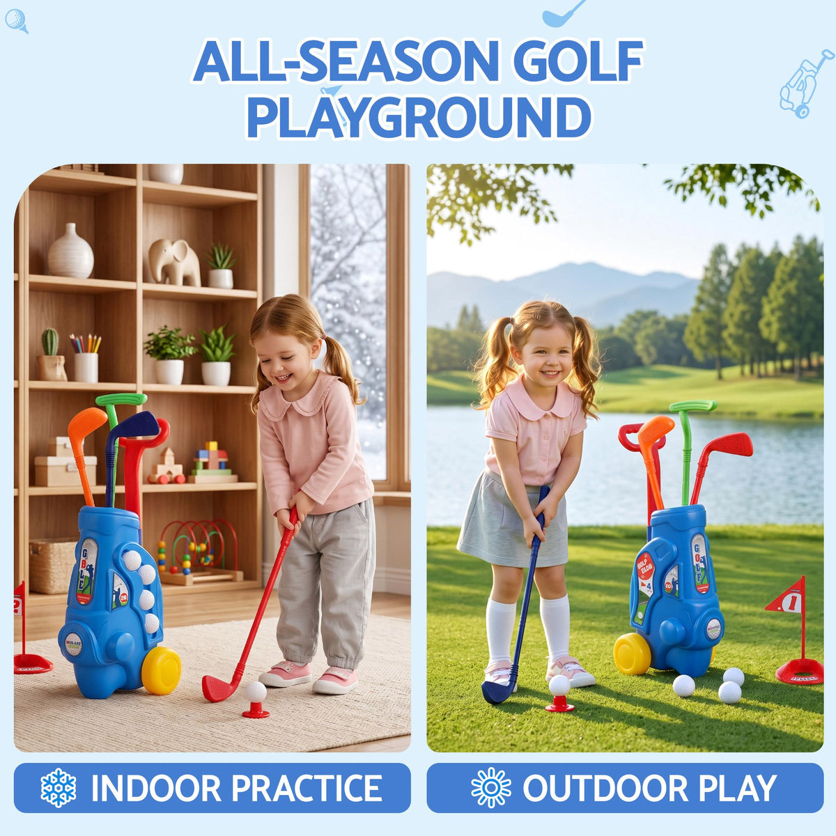 Keezi Kids Golf Set Toddler Club Set Pull Cart Indoor Outdoor Backyard Mini Toy