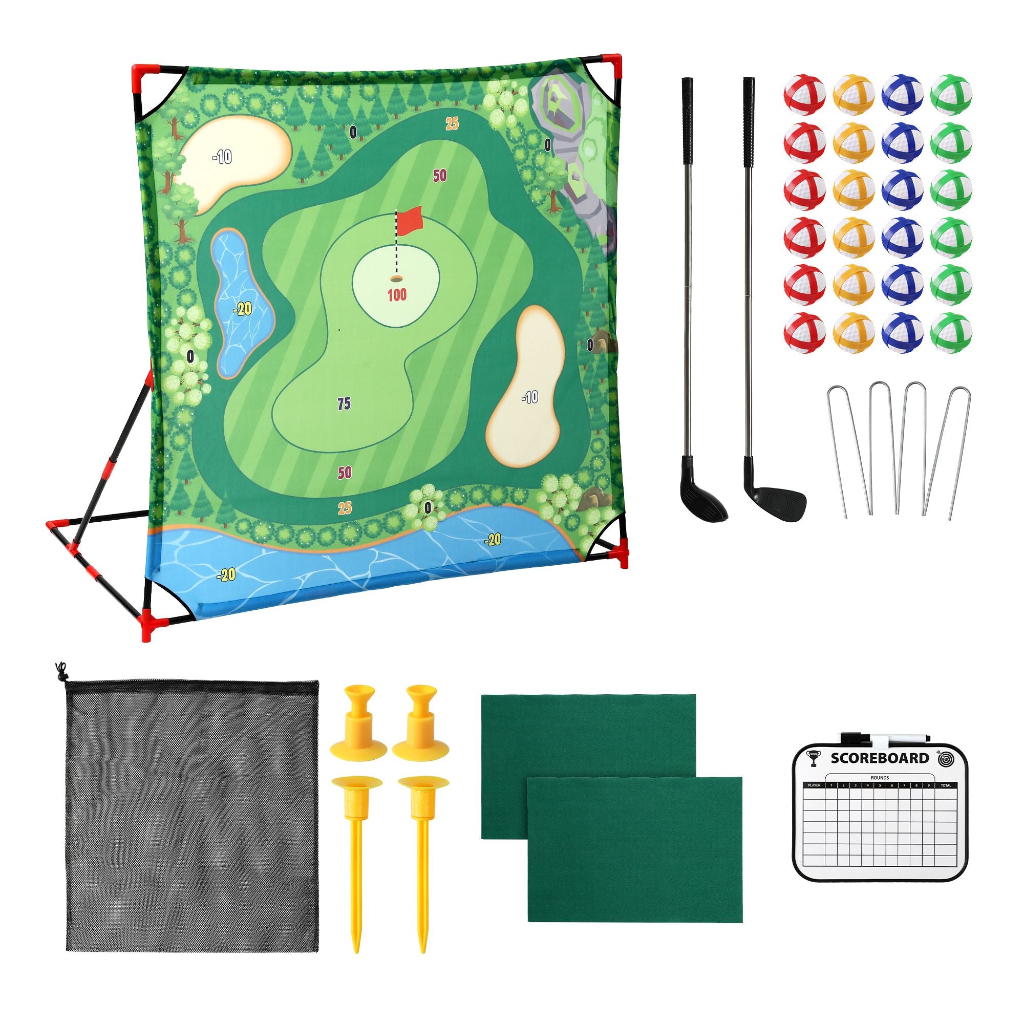 Keezi Kids Golf Chipping Game Set with Stand 24 Balls Adjustable Club and 2 Mats