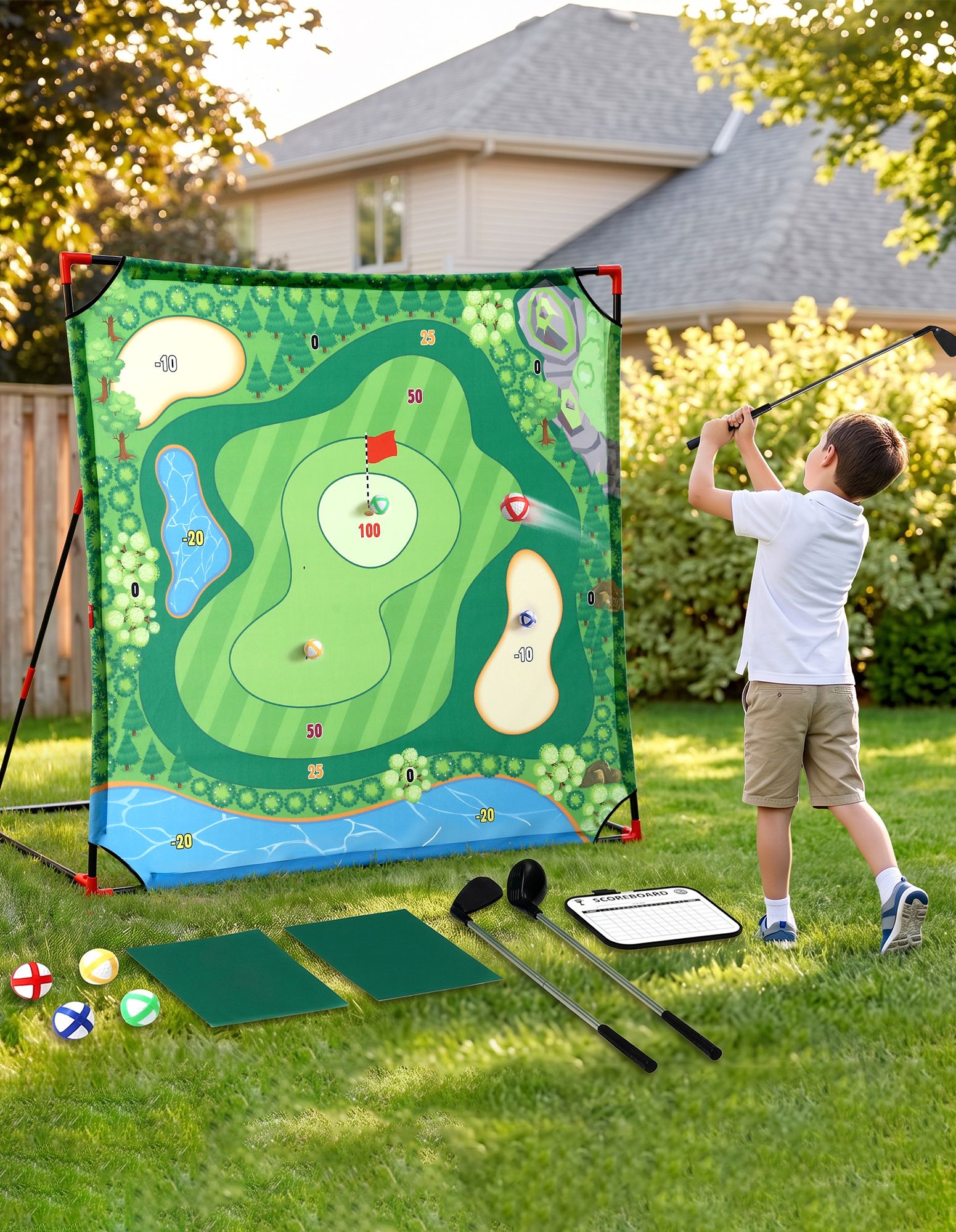 Keezi Kids Golf Chipping Game Set with Stand 24 Balls Adjustable Club and 2 Mats