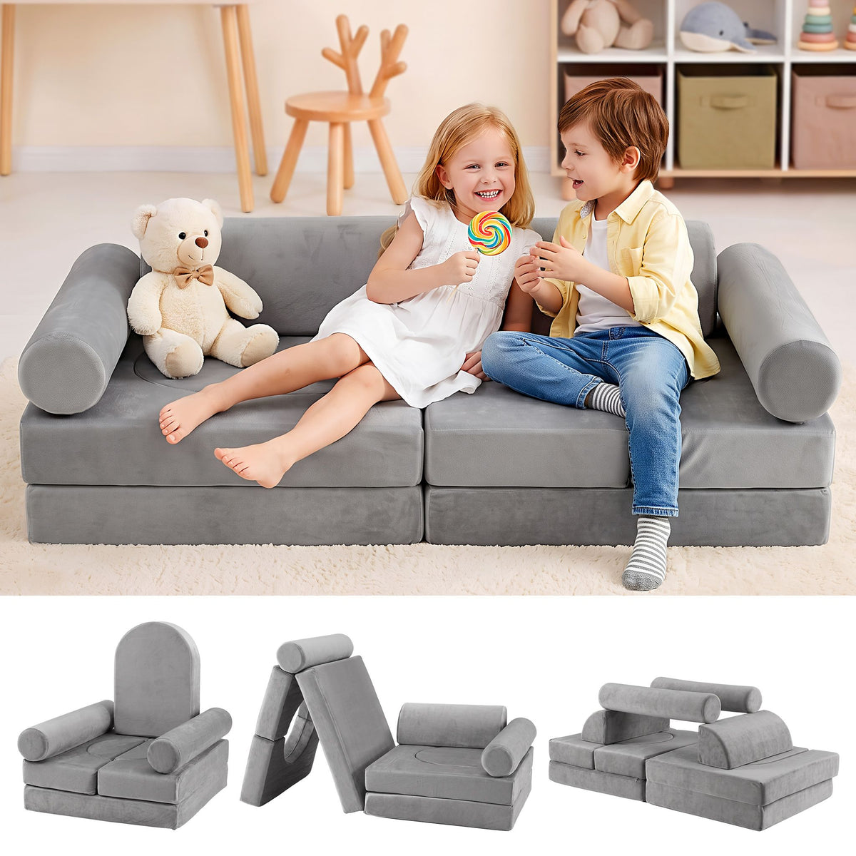 Keezi 12PCS Modular Kids Play Couch Foam Sofa Washable Cover Grey Playroom