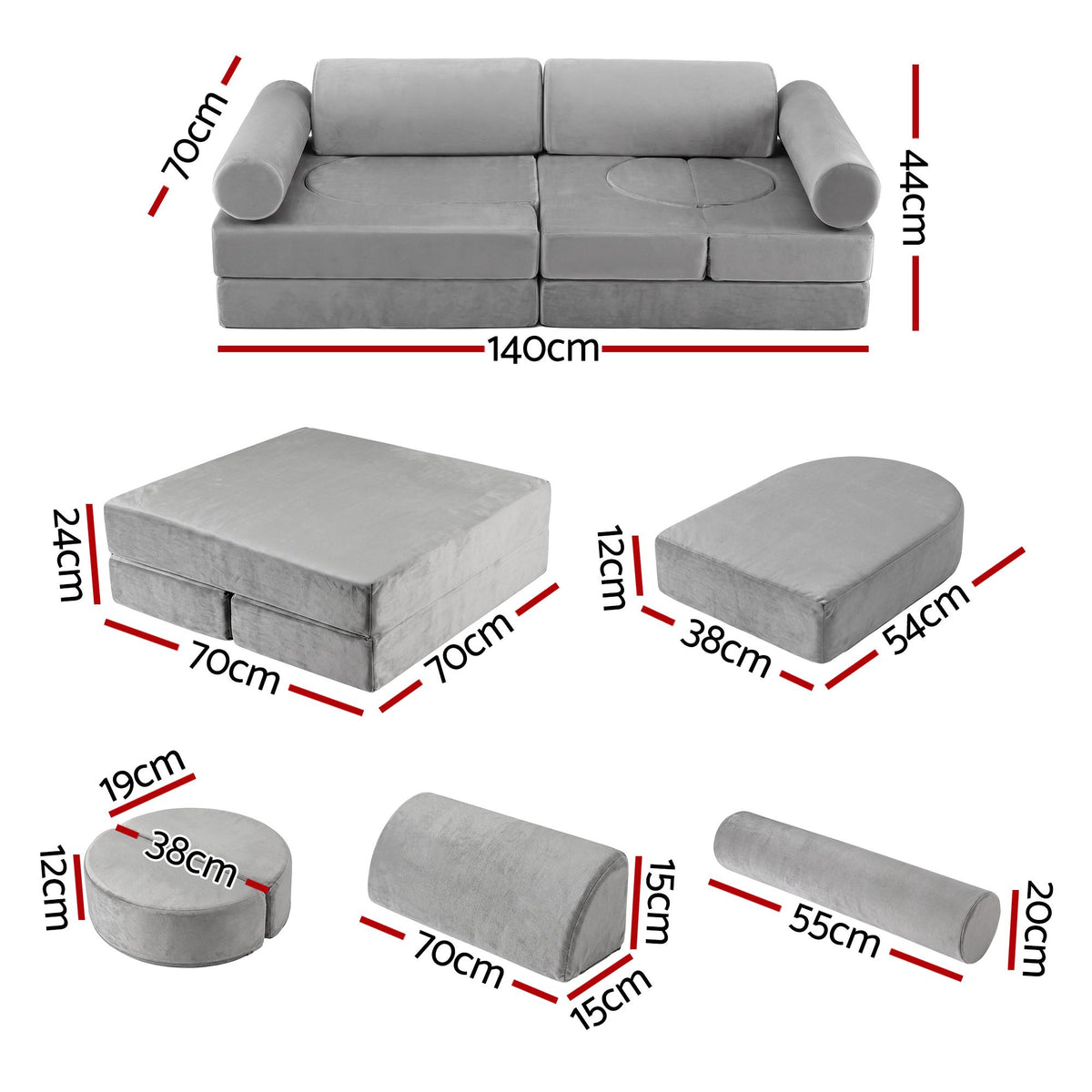 Keezi 12PCS Modular Kids Play Couch Foam Sofa Washable Cover Grey Playroom