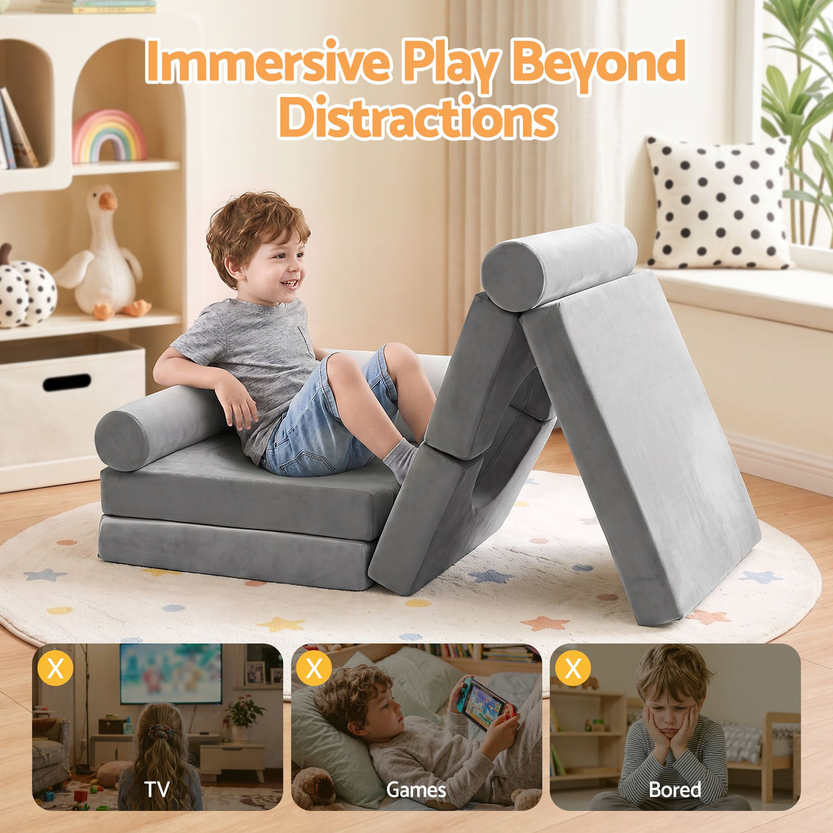Keezi 12PCS Modular Kids Play Couch Foam Sofa Washable Cover Grey Playroom
