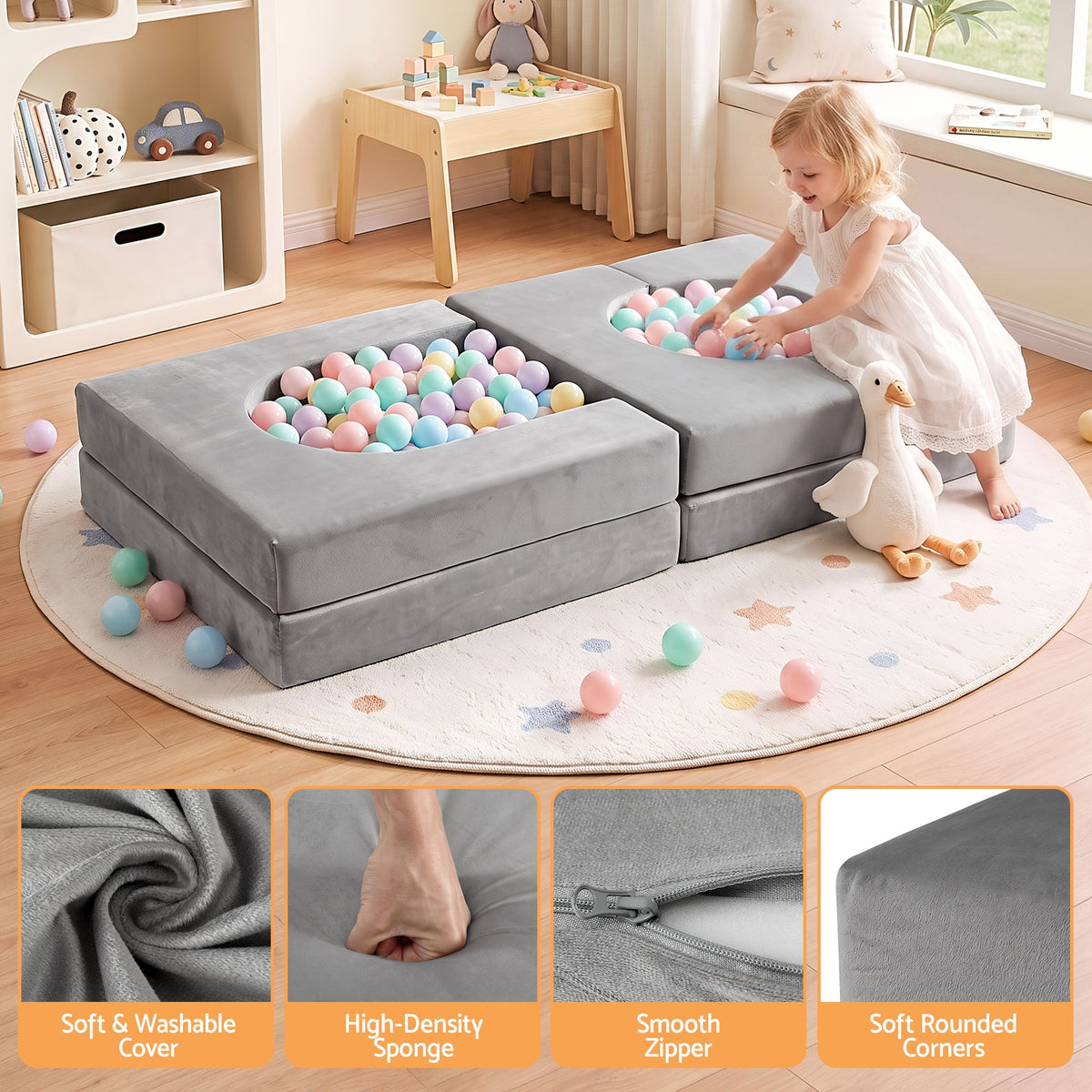 Keezi 12PCS Modular Kids Play Couch Foam Sofa Washable Cover Grey Playroom