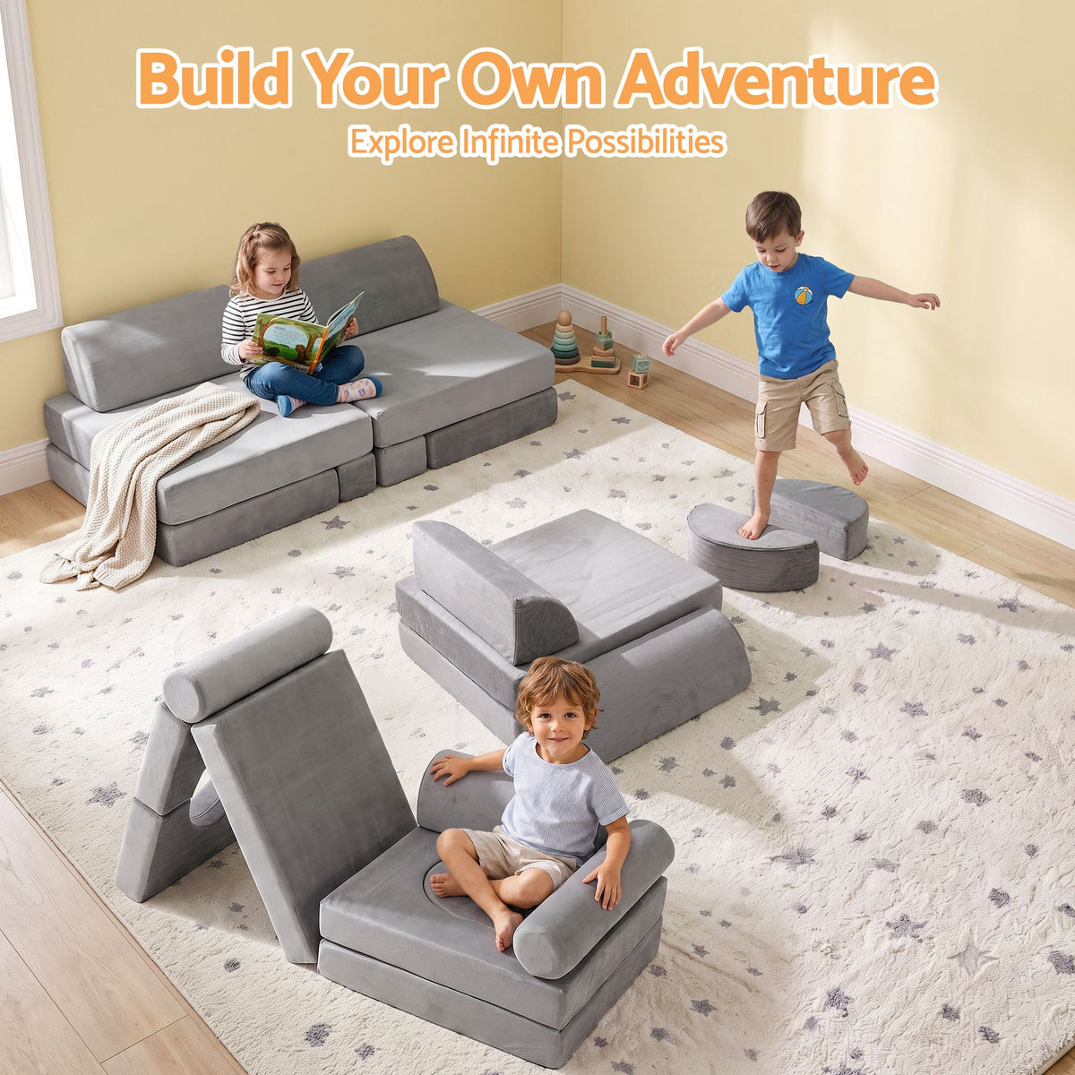 Keezi 12PCS Modular Kids Play Couch Foam Sofa Washable Cover Grey Playroom