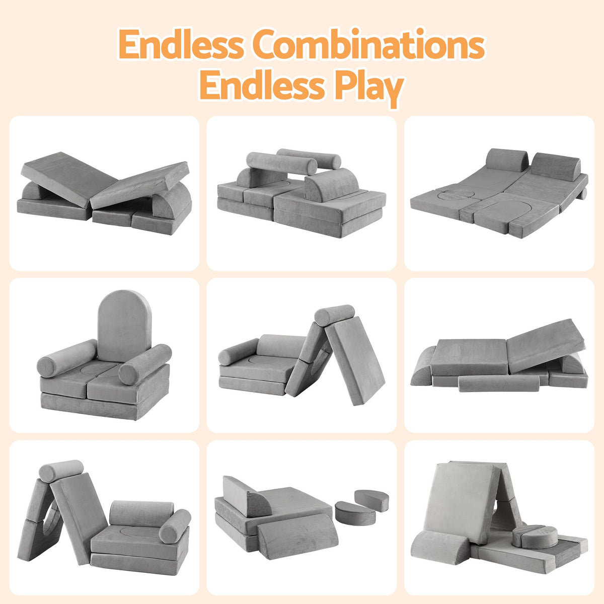 Keezi 12PCS Modular Kids Play Couch Foam Sofa Washable Cover Grey Playroom