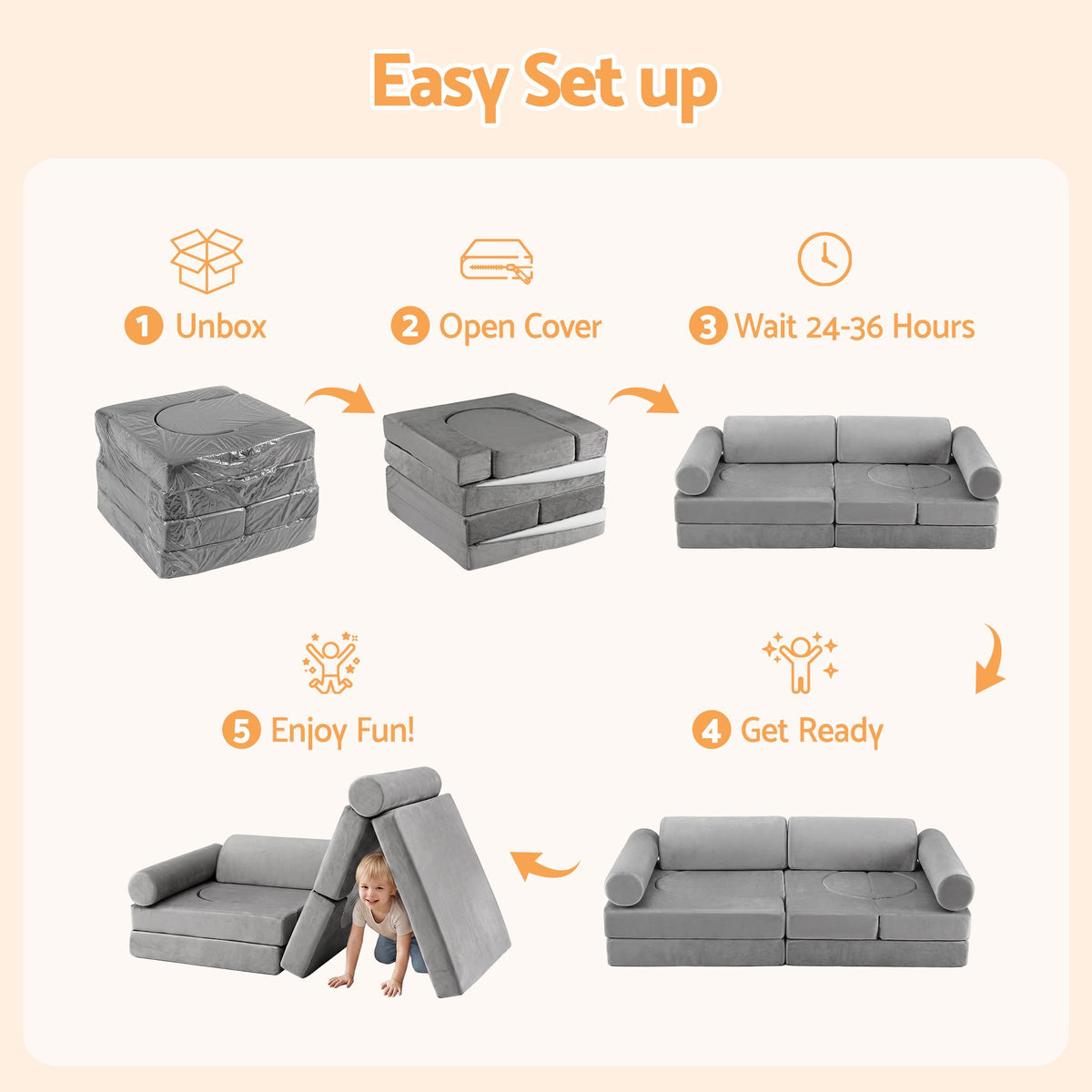 Keezi 12PCS Modular Kids Play Couch Foam Sofa Washable Cover Grey Playroom