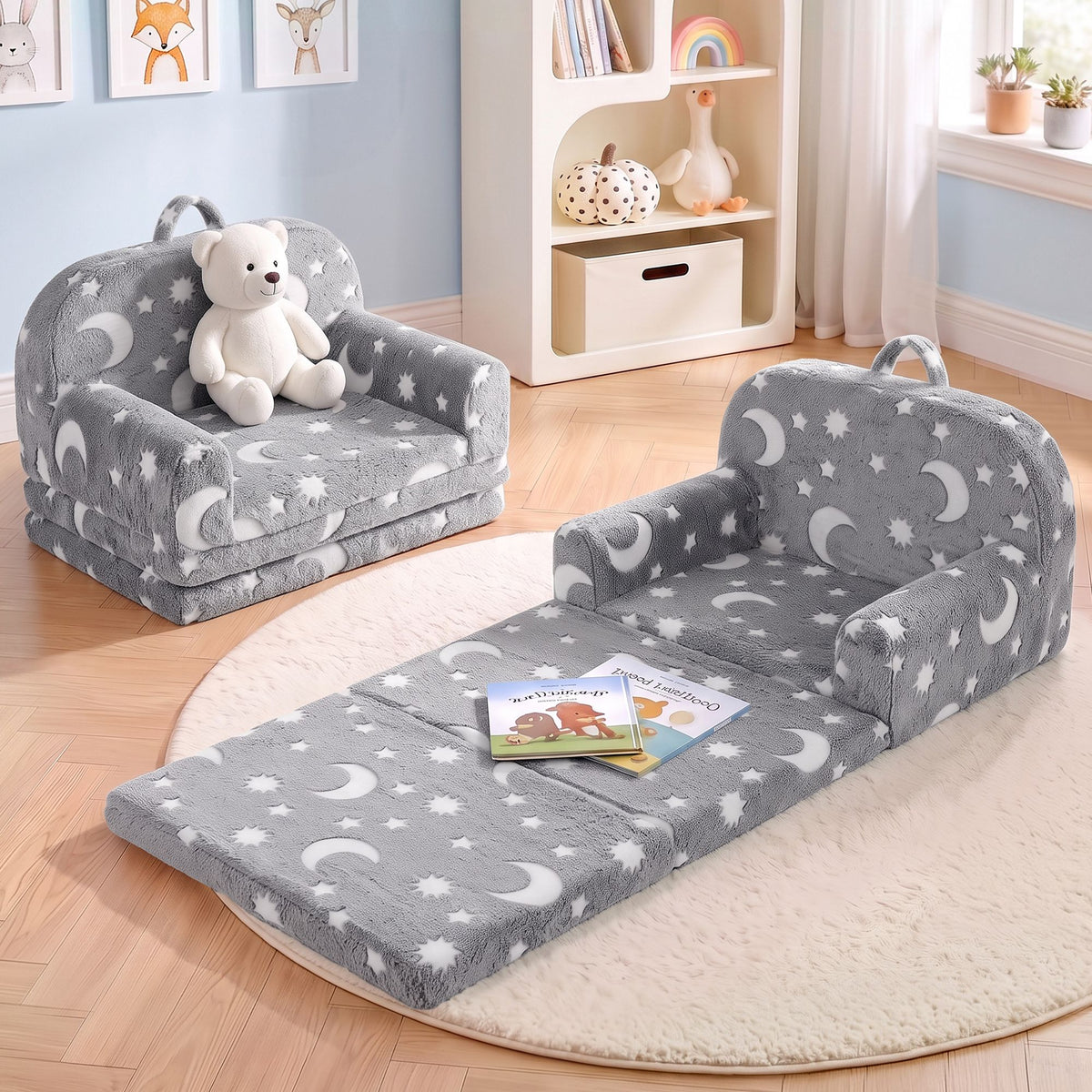 Keezi Kids 2-in-1 Fold Out Sofa Bed Washable Cover Glow in the Dark Grey