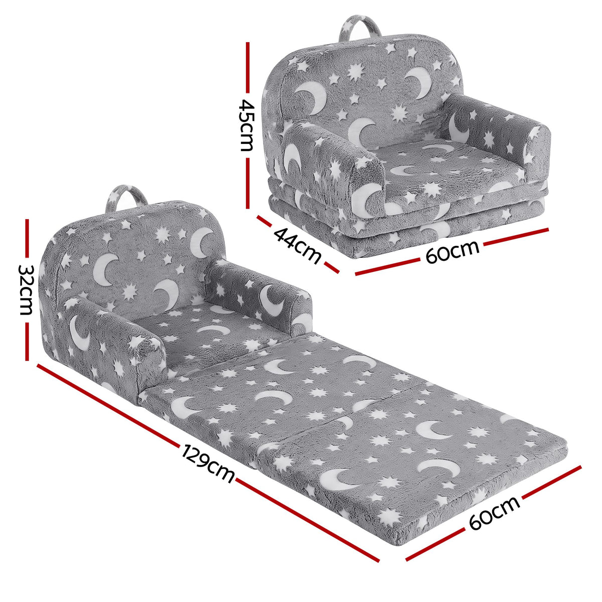 Keezi Kids 2-in-1 Fold Out Sofa Bed Washable Cover Glow in the Dark Grey