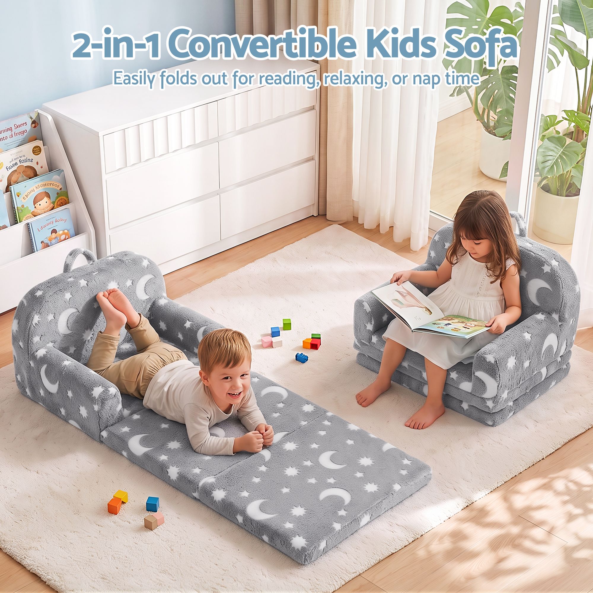 Keezi Kids 2-in-1 Fold Out Sofa Bed Washable Cover Glow in the Dark Grey