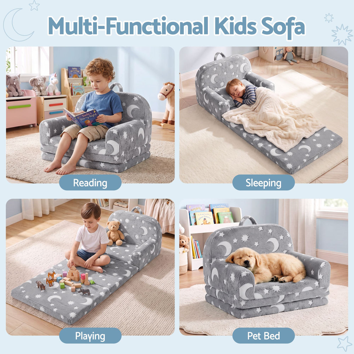 Keezi Kids 2-in-1 Fold Out Sofa Bed Washable Cover Glow in the Dark Grey