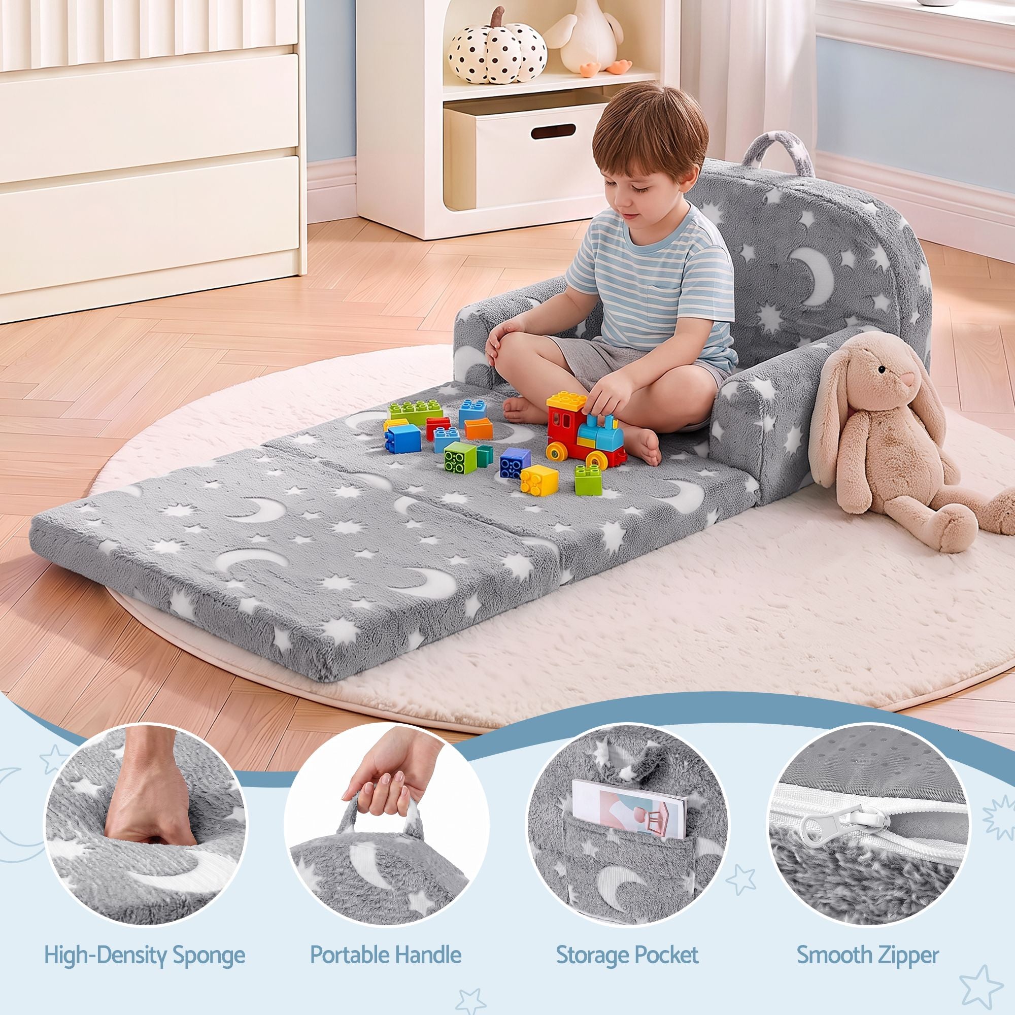 Keezi Kids 2-in-1 Fold Out Sofa Bed Washable Cover Glow in the Dark Grey