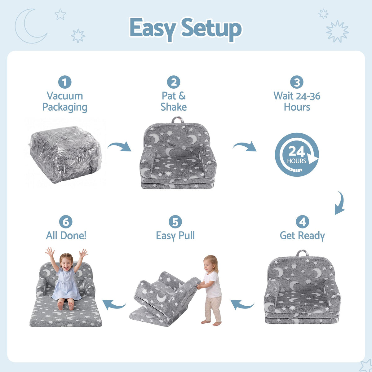 Keezi Kids 2-in-1 Fold Out Sofa Bed Washable Cover Glow in the Dark Grey
