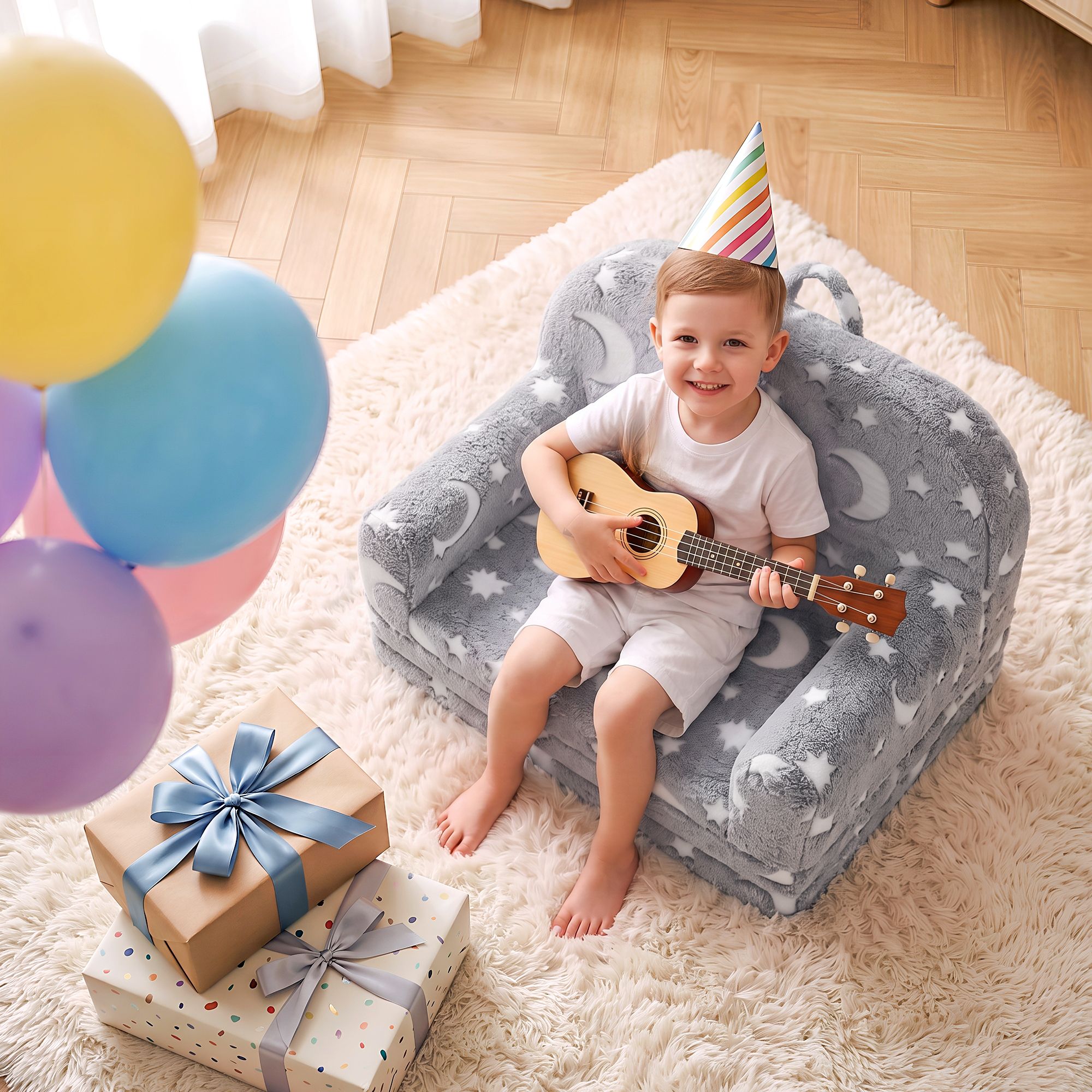 Keezi Kids 2-in-1 Fold Out Sofa Bed Washable Cover Glow in the Dark Grey