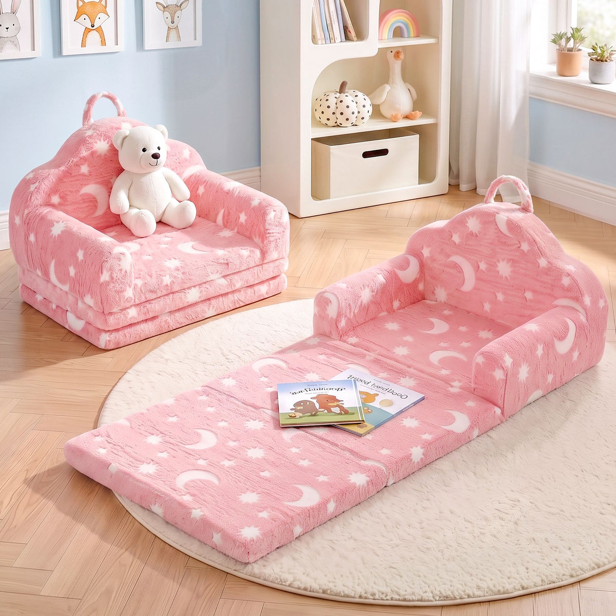 Keezi Kids 2-in-1 Fold Out Sofa Bed Washable Cover Glow in the Dark Pink
