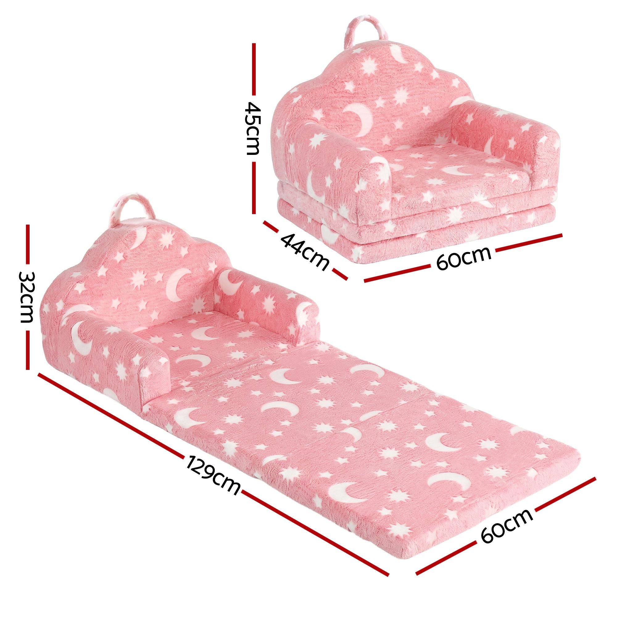 Keezi Kids 2-in-1 Fold Out Sofa Bed Washable Cover Glow in the Dark Pink