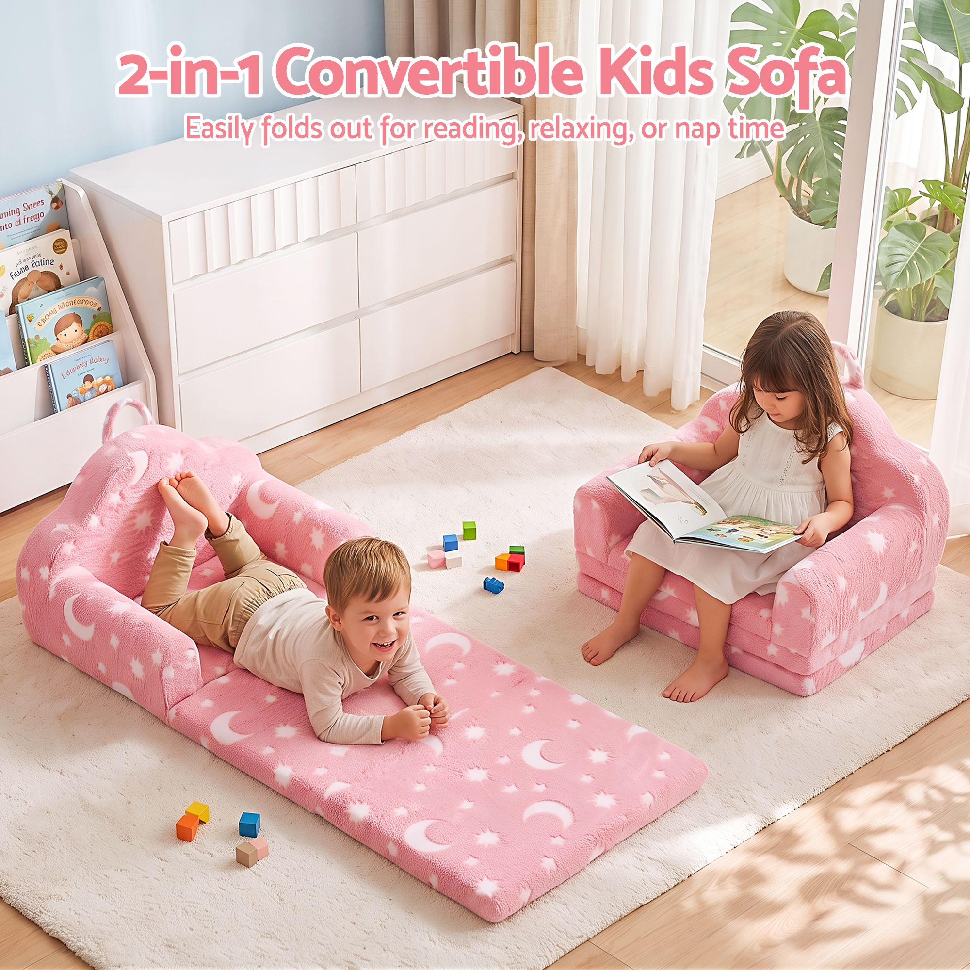 Keezi Kids 2-in-1 Fold Out Sofa Bed Washable Cover Glow in the Dark Pink