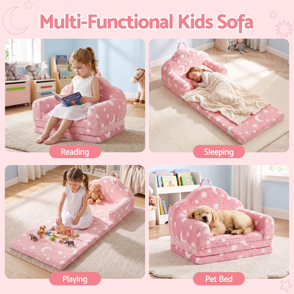 Keezi Kids 2-in-1 Fold Out Sofa Bed Washable Cover Glow in the Dark Pink