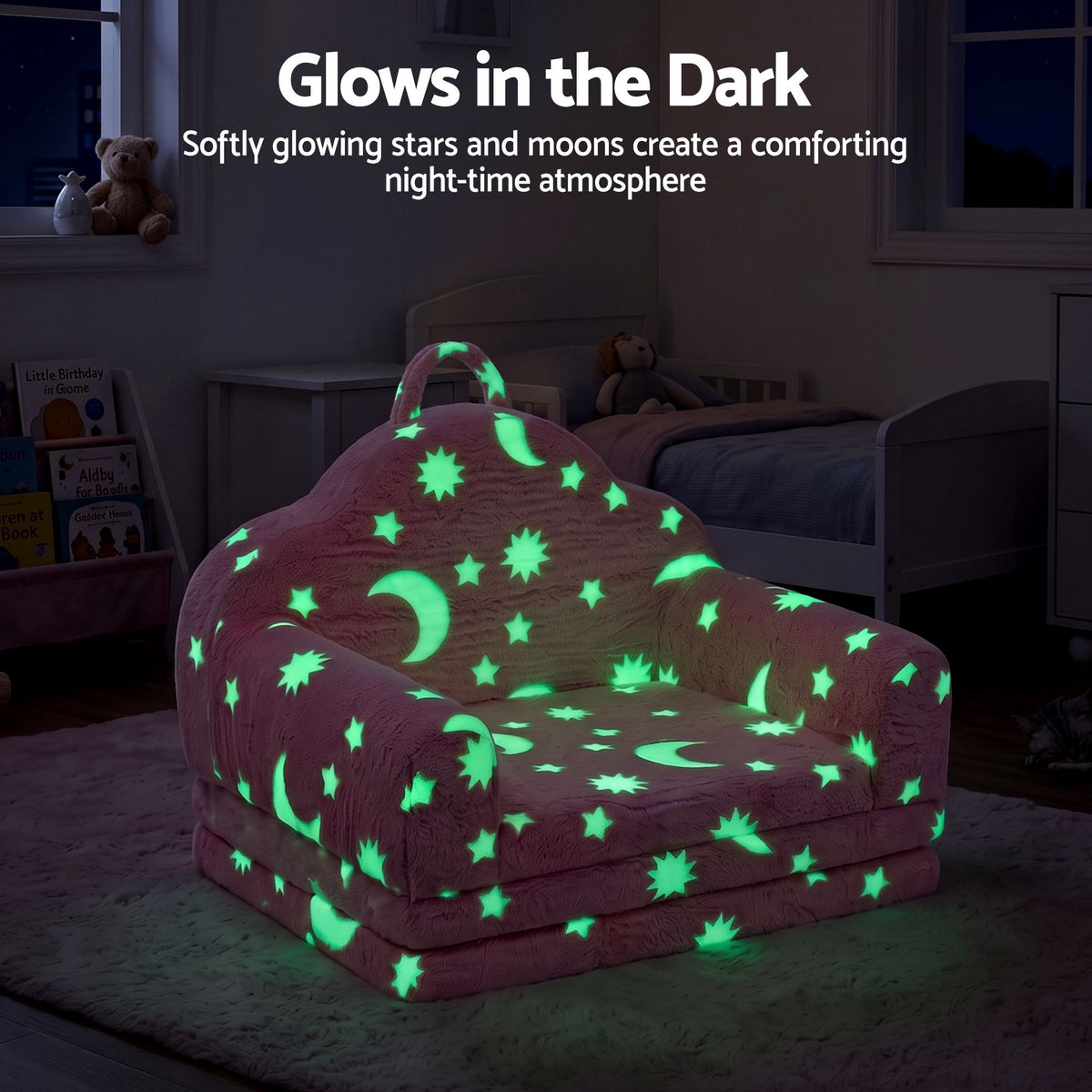 Keezi Kids 2-in-1 Fold Out Sofa Bed Washable Cover Glow in the Dark Pink