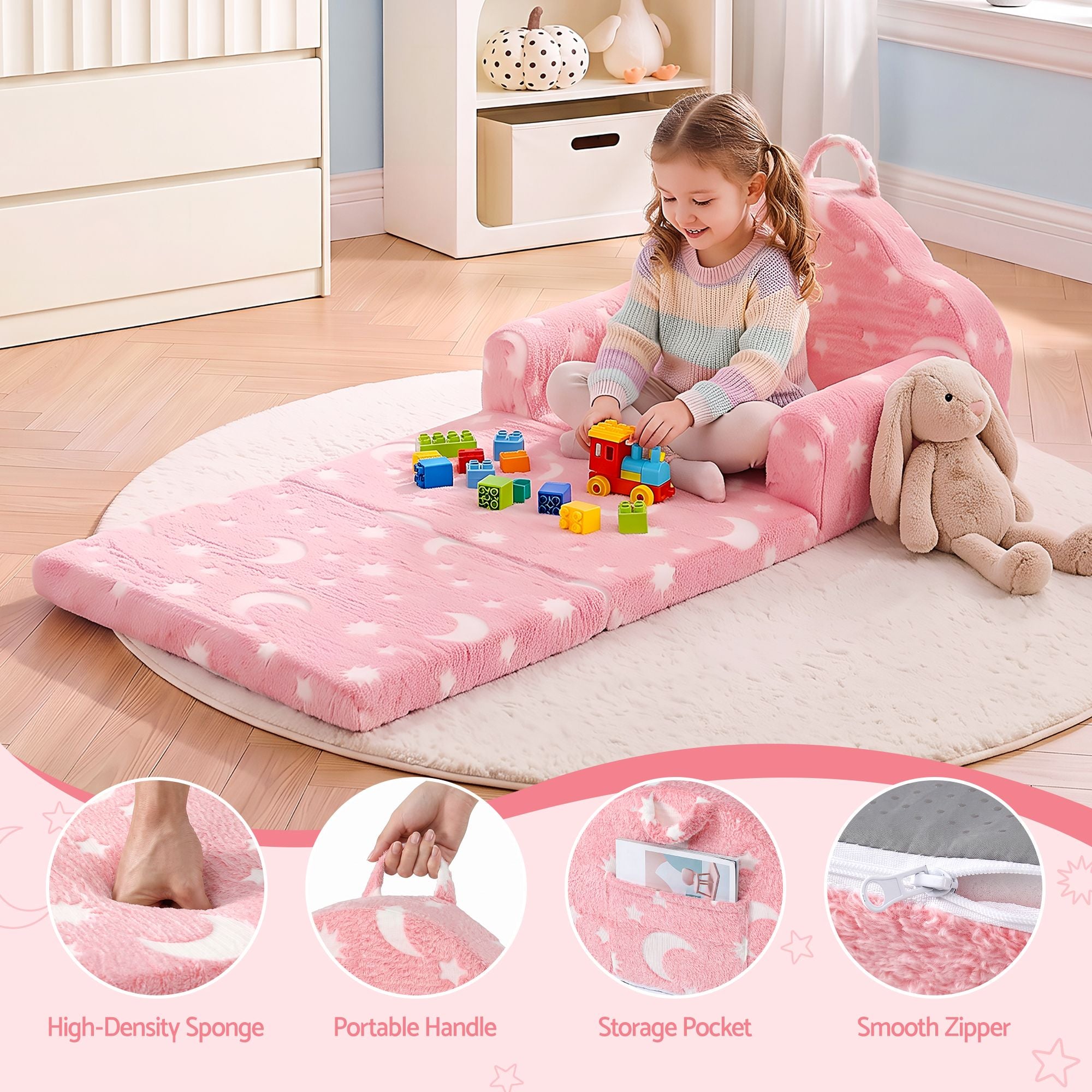 Keezi Kids 2-in-1 Fold Out Sofa Bed Washable Cover Glow in the Dark Pink