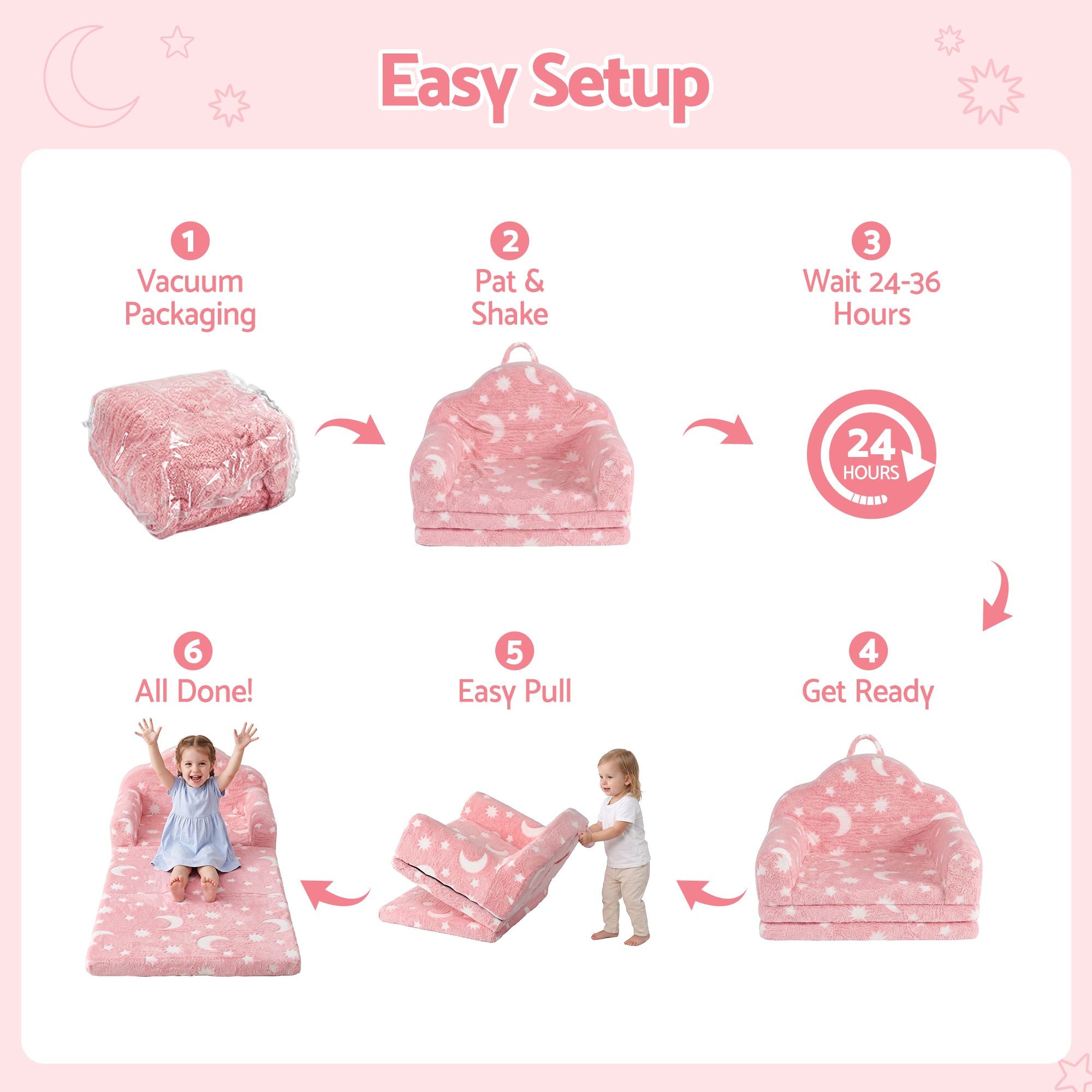 Keezi Kids 2-in-1 Fold Out Sofa Bed Washable Cover Glow in the Dark Pink