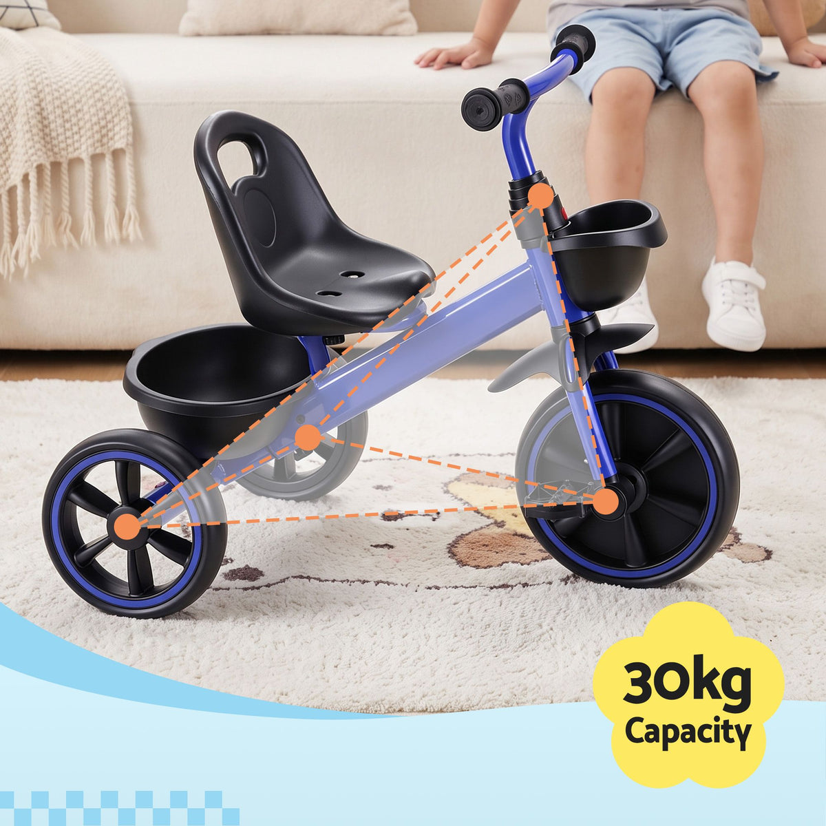 Rigo Tricycle Bike, Kids Bike with 3 wheels, basket Carbon Steel 68cm Blue