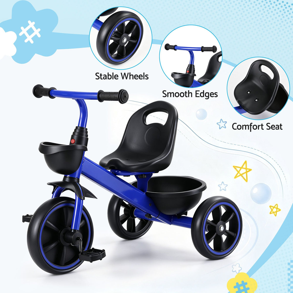Rigo Tricycle Bike, Kids Bike with 3 wheels, basket Carbon Steel 68cm Blue