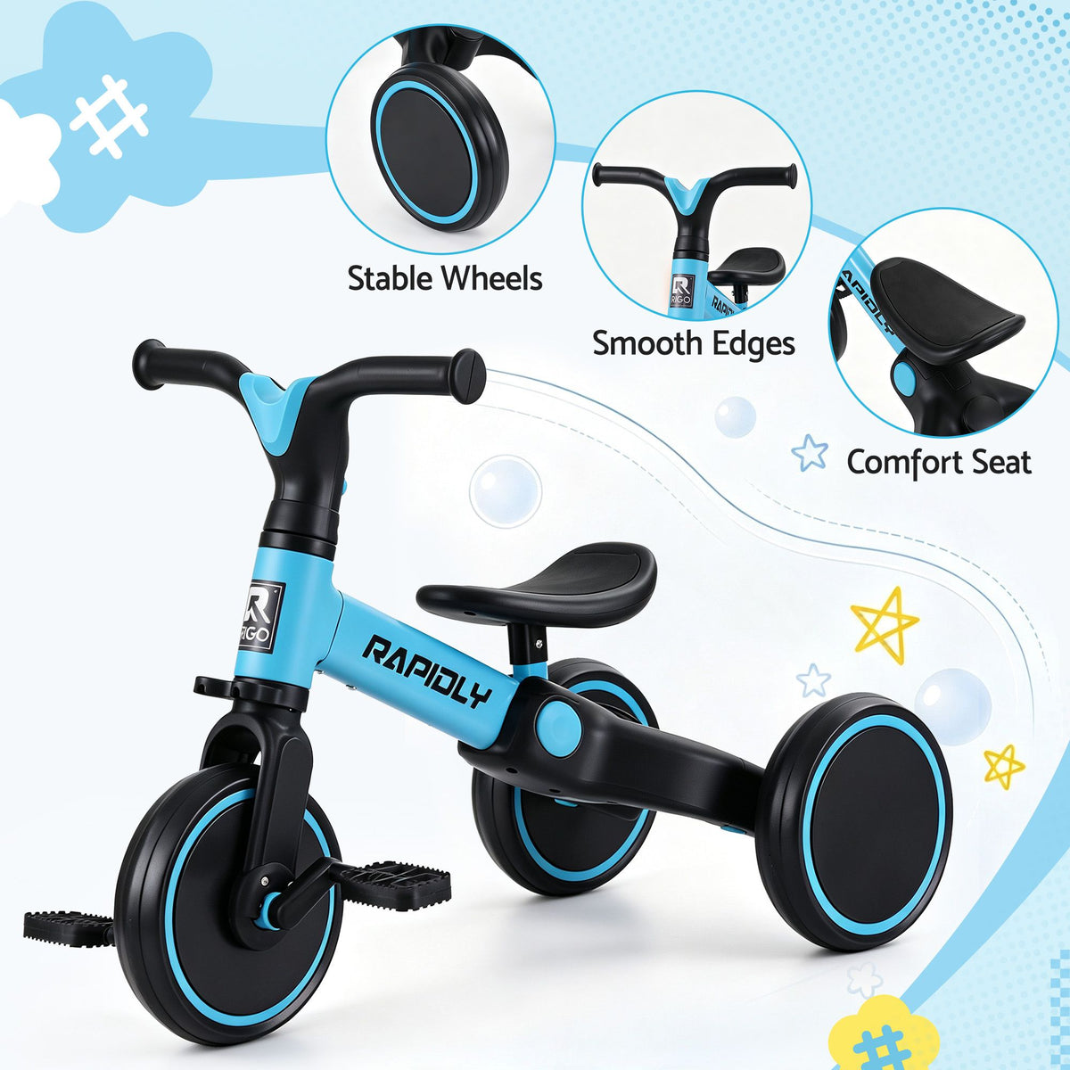 Rigo Tricycle Bike, Kids Bike with 3 wheels, Carbon Steel 70cm Blue