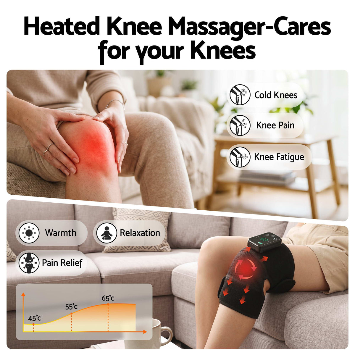 Livemor Knee Massager with Heat (2 Pack), Cordless Heated Knee Massage for Pain Relief with 3 Heating Levels