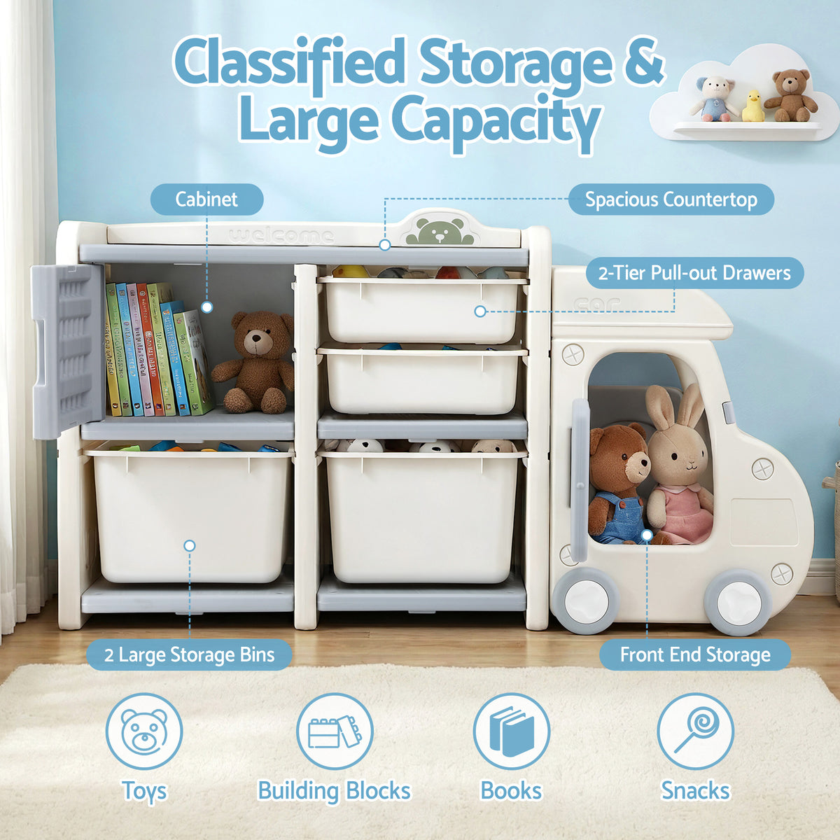 Keezi Toy Storage Organizer with 4 Storage Bins and Cabinet Storage for Kids
