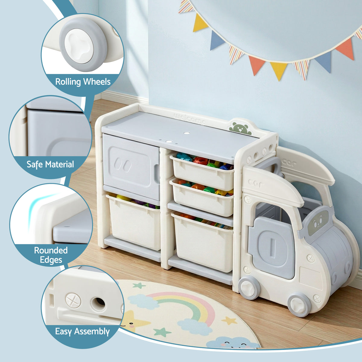 Keezi Toy Storage Organizer with 4 Storage Bins and Cabinet Storage for Kids