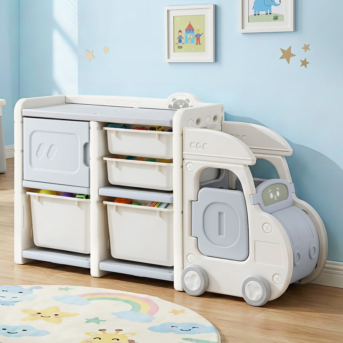 Keezi Toy Storage Organizer with 4 Storage Bins and Cabinet Storage for Kids