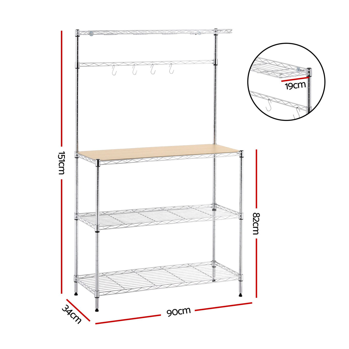 Artiss 4-Tier Metal Kitchen Rack Shelf Silver Storage Shelves Organizer Microwave Stand 90cmx151cm