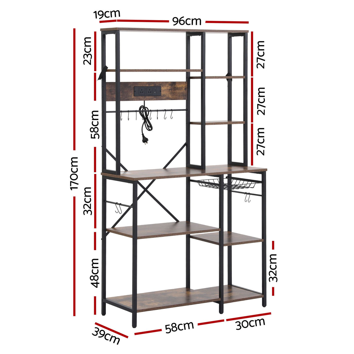 Artiss Kitchen Rack with Power Outlets Hooks 96CMX170CM Microwave Storage Shelf
