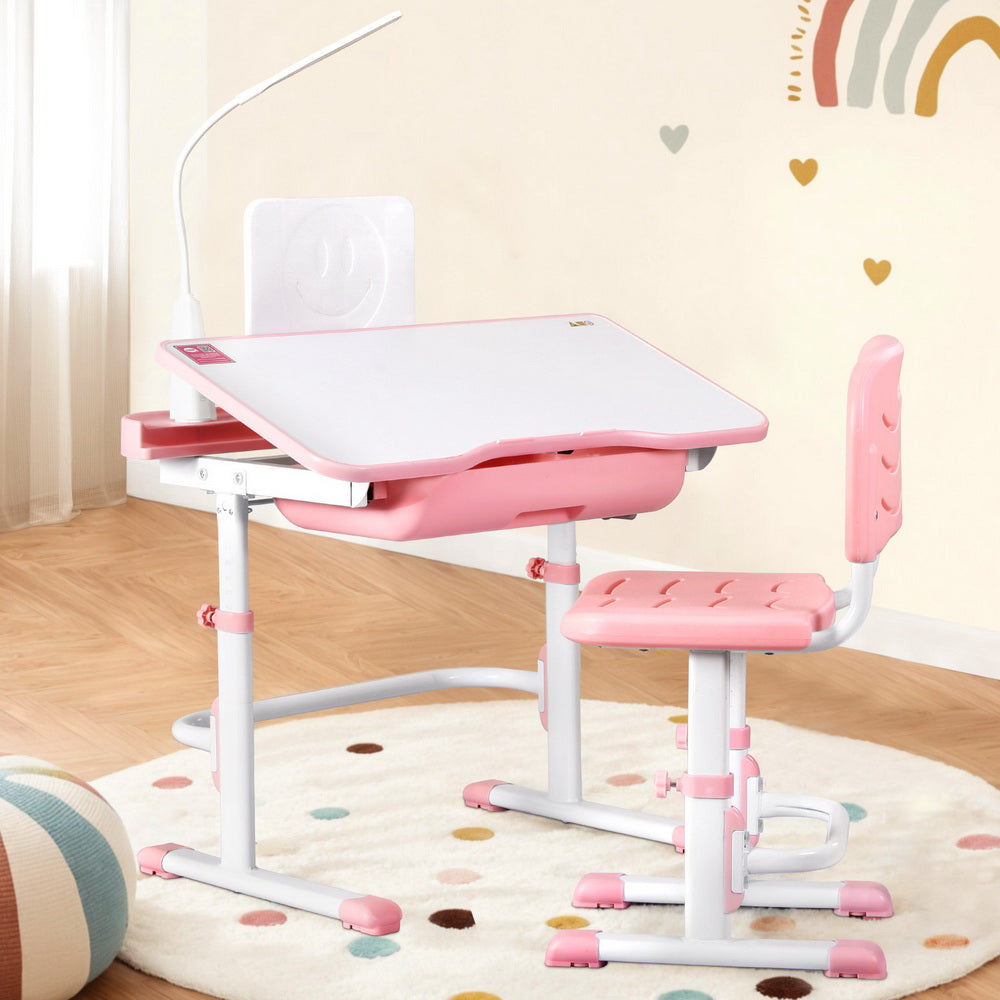 Keezi Kids Table and Chair Set Adjustable Study Desk w/ LED Lamp Reading Pink